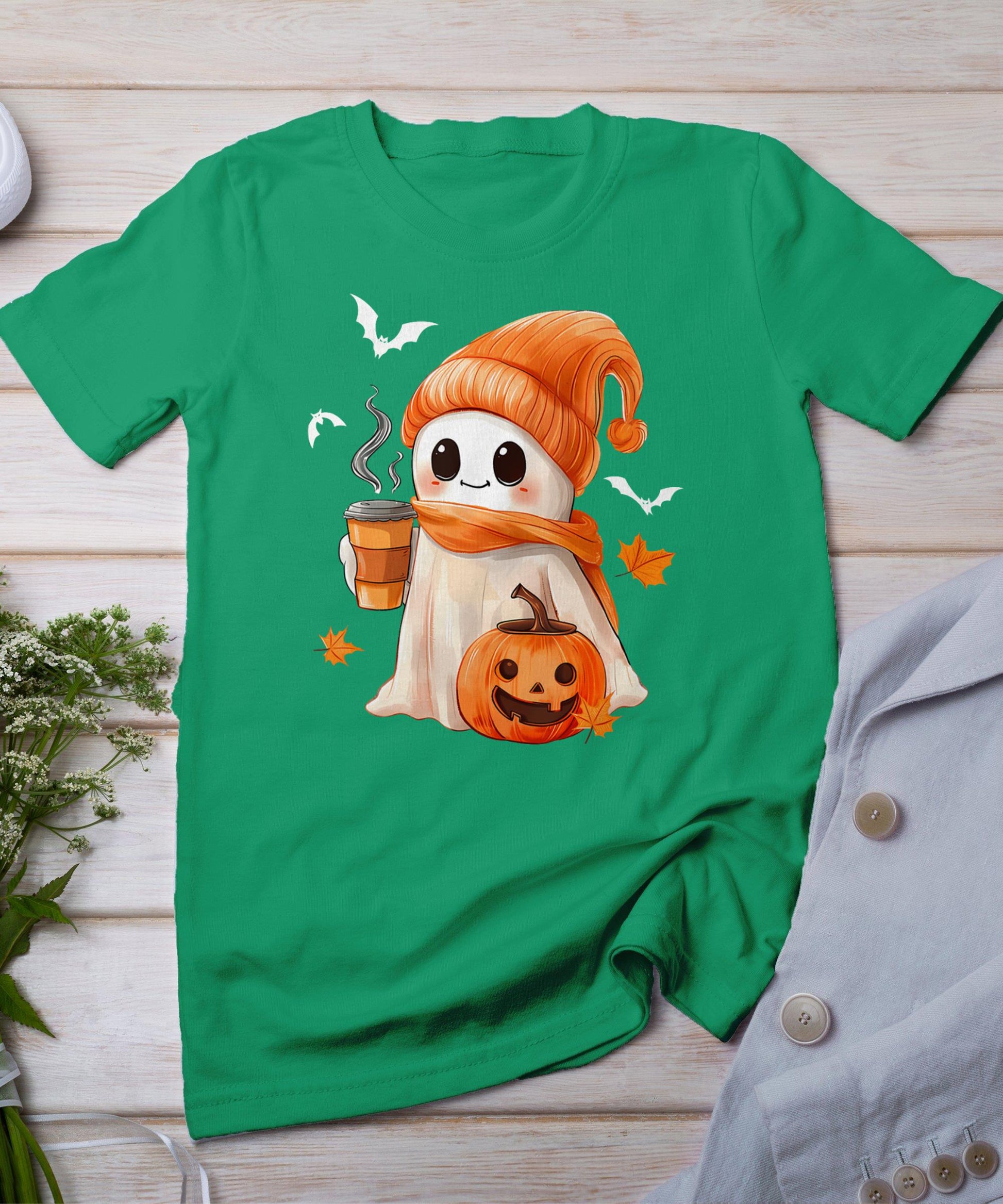 Cute Ghost Drinking Coffee Halloween Ghost Ice Coffee Womens T-Shirt