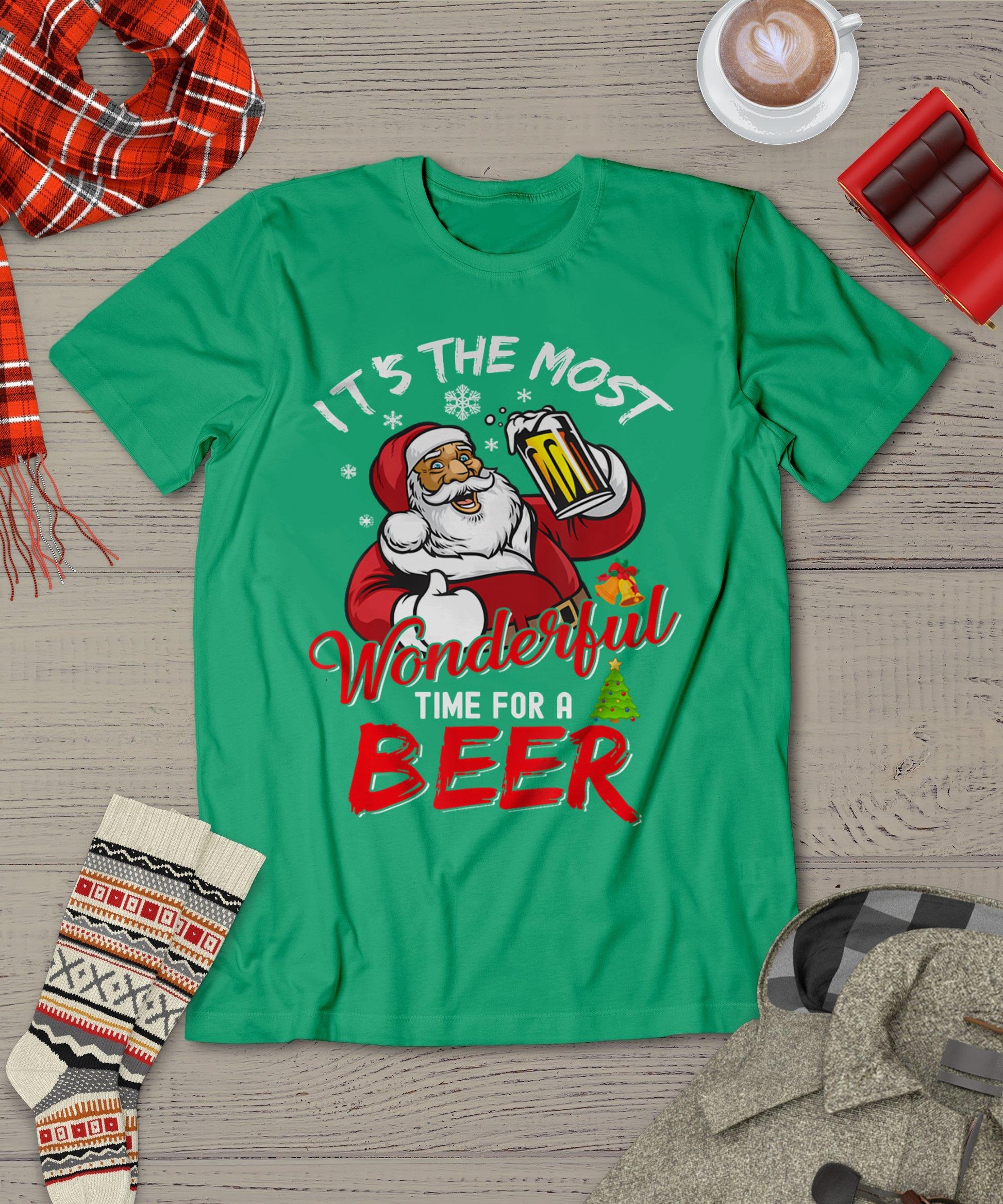 Funny Christmas Santa Claus Drinking Beer Wonderful Time T-Shirt