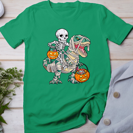 Skeleton Riding Mummy Dinosaur T Rex Halloween Funny Pumpkin T-Shirt