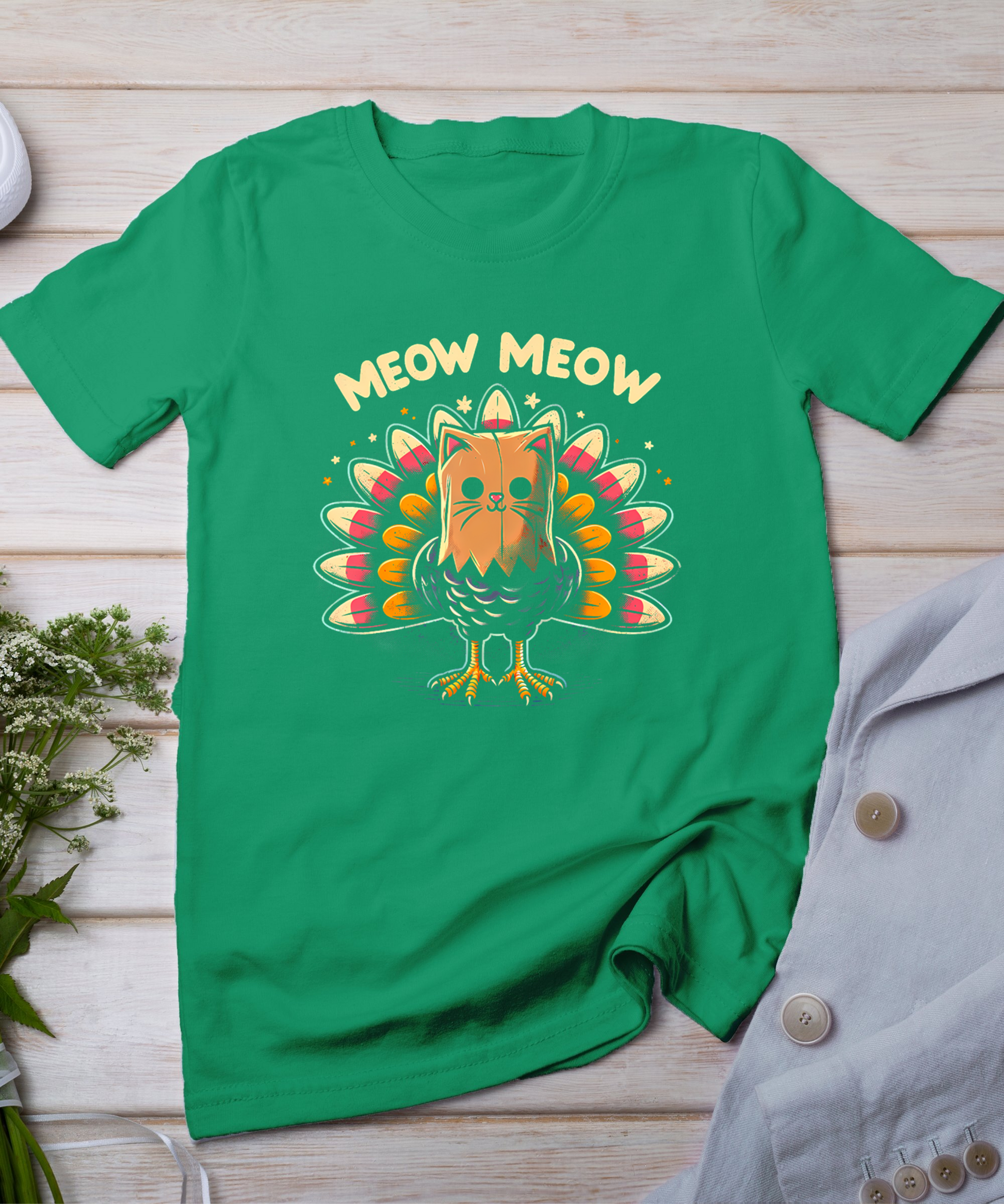 Funny Thanksgiving Shirt For Men Women Kids Meow Cat Turkey T-Shirt