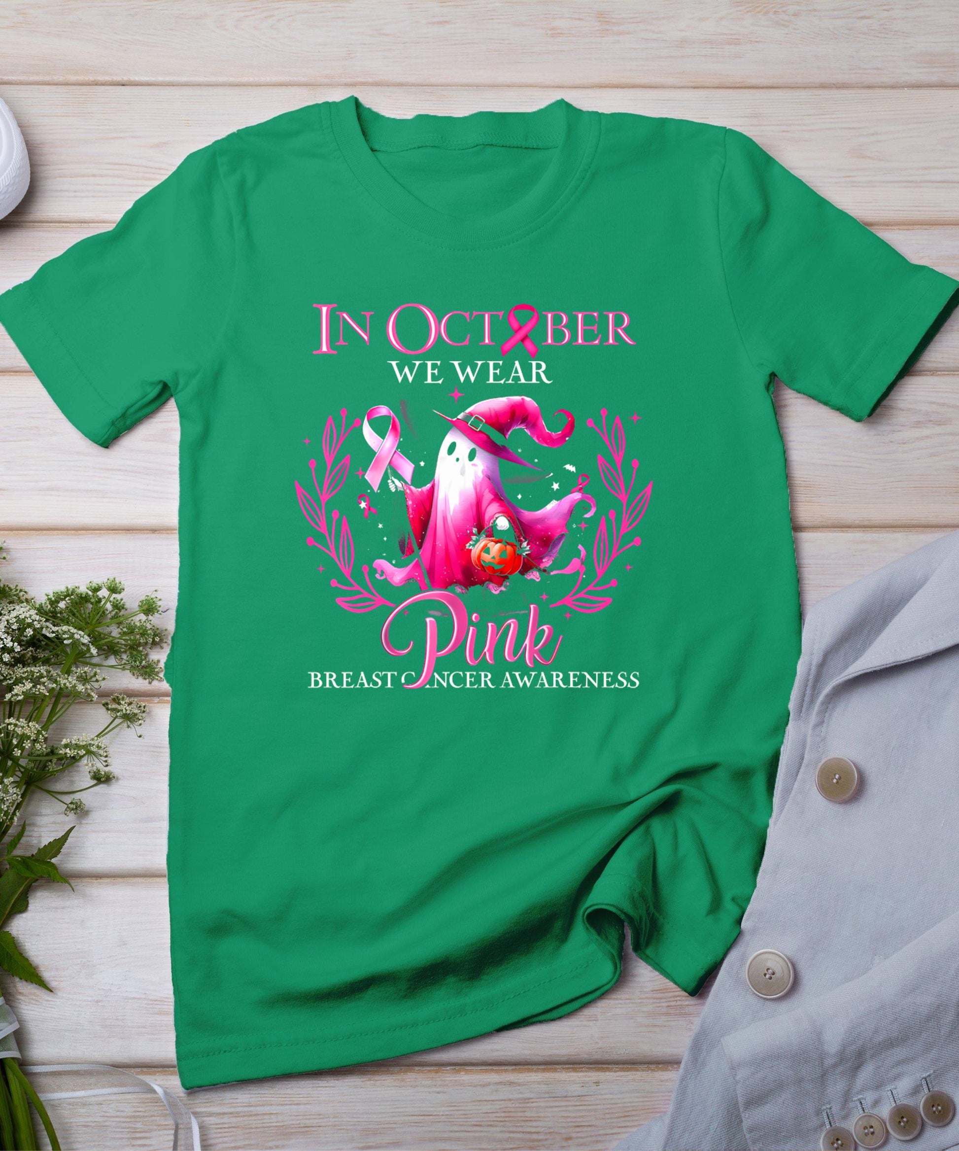 In October We Wear Pink Ghost Witch Breast Cancer Awareness T-Shirt