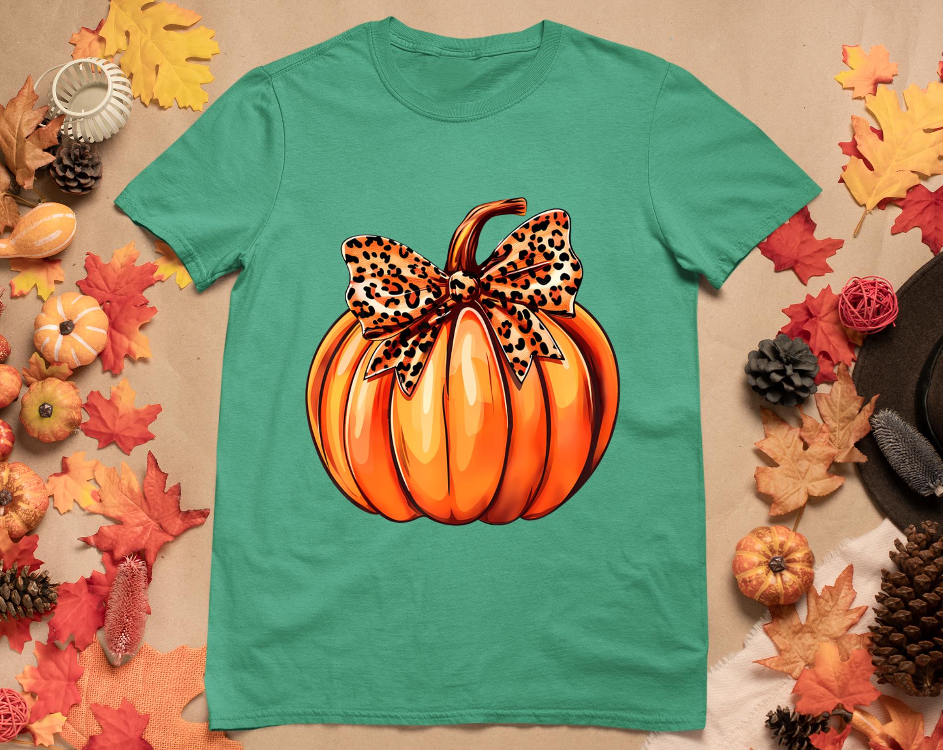 Coquette Bow Leopard Pumpkin Thanksgiving Rustic Fall Women T-Shirt