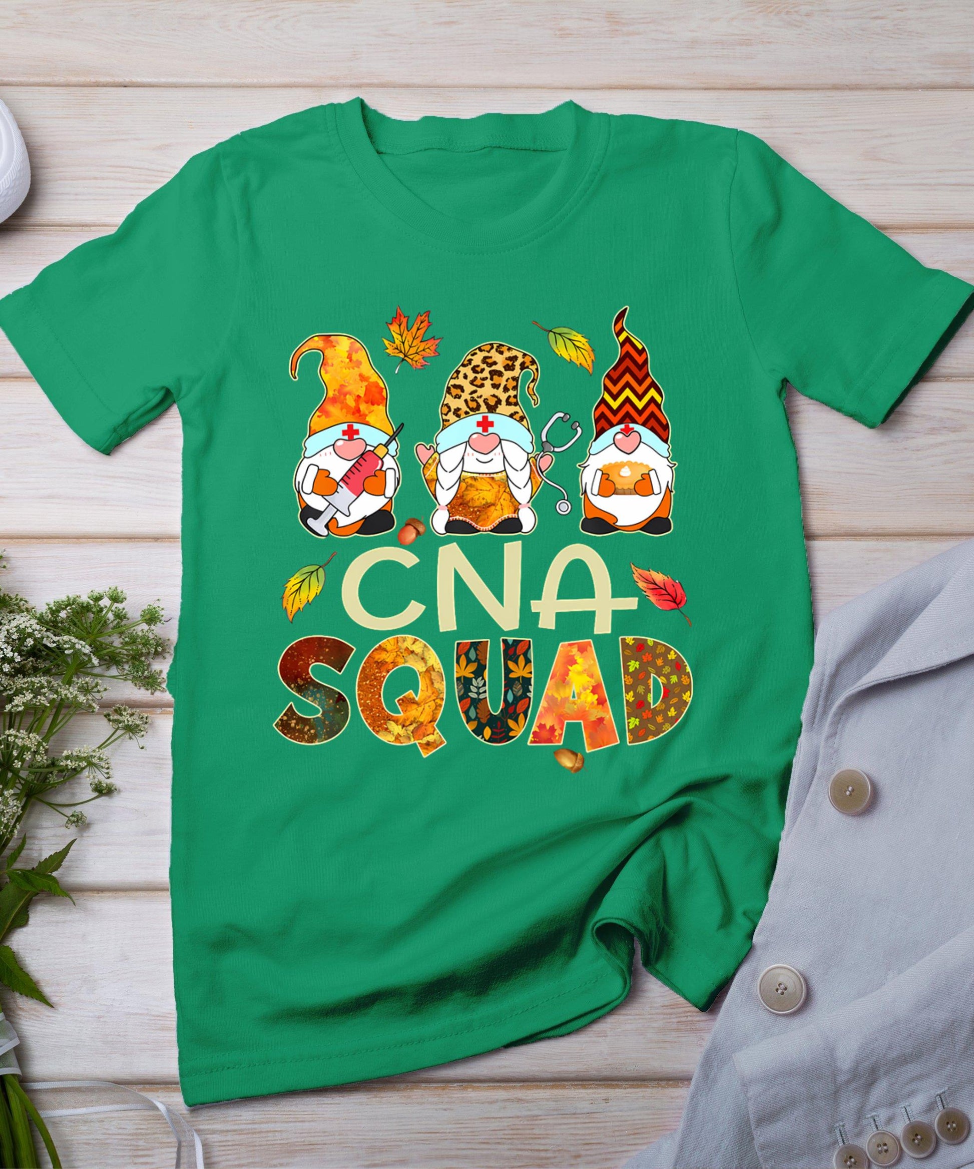 Cna Squad Gnome Nurse Leopard Thanksgiving Fall Stethoscope T-Shirt