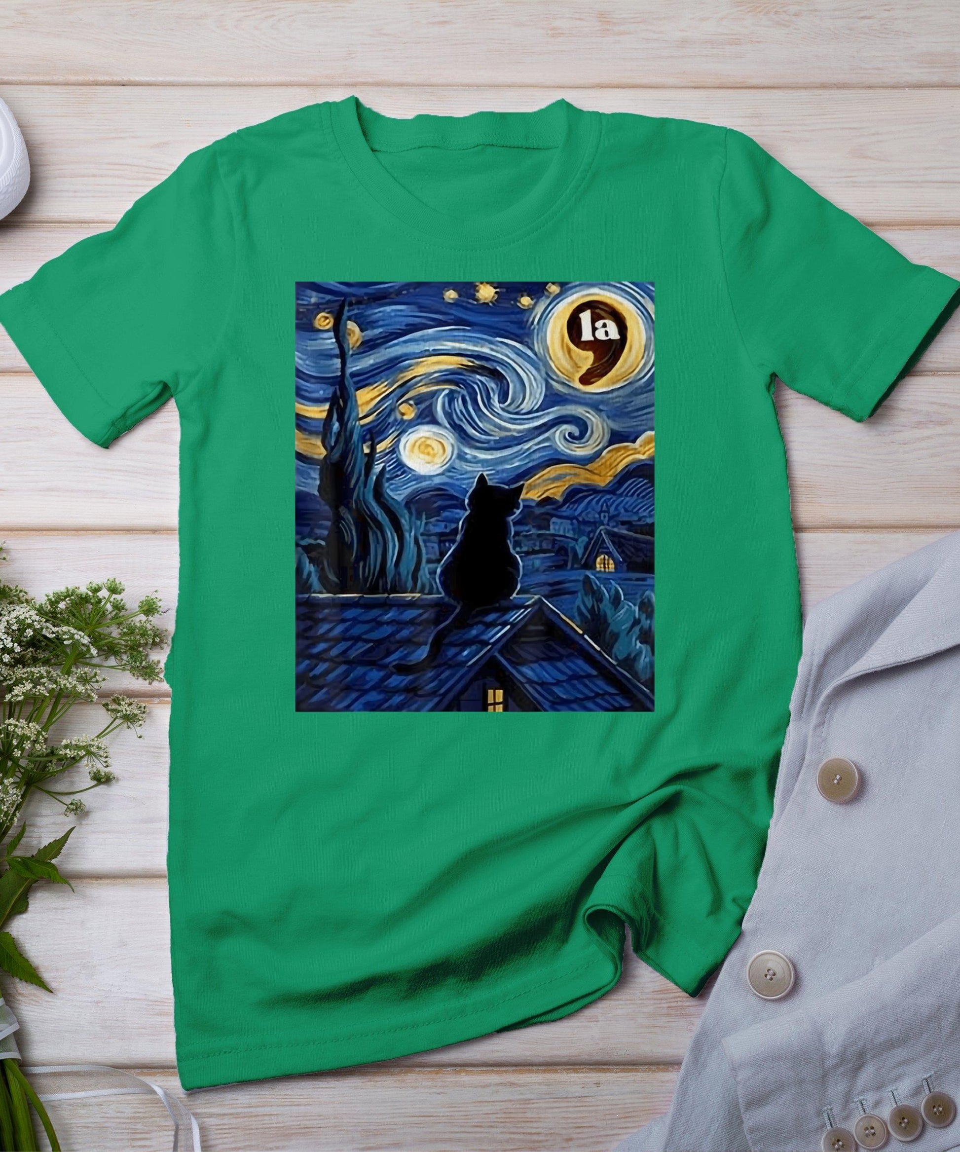 Halloween Starry Night Black Cat Comma La Kamala Harris T-Shirt