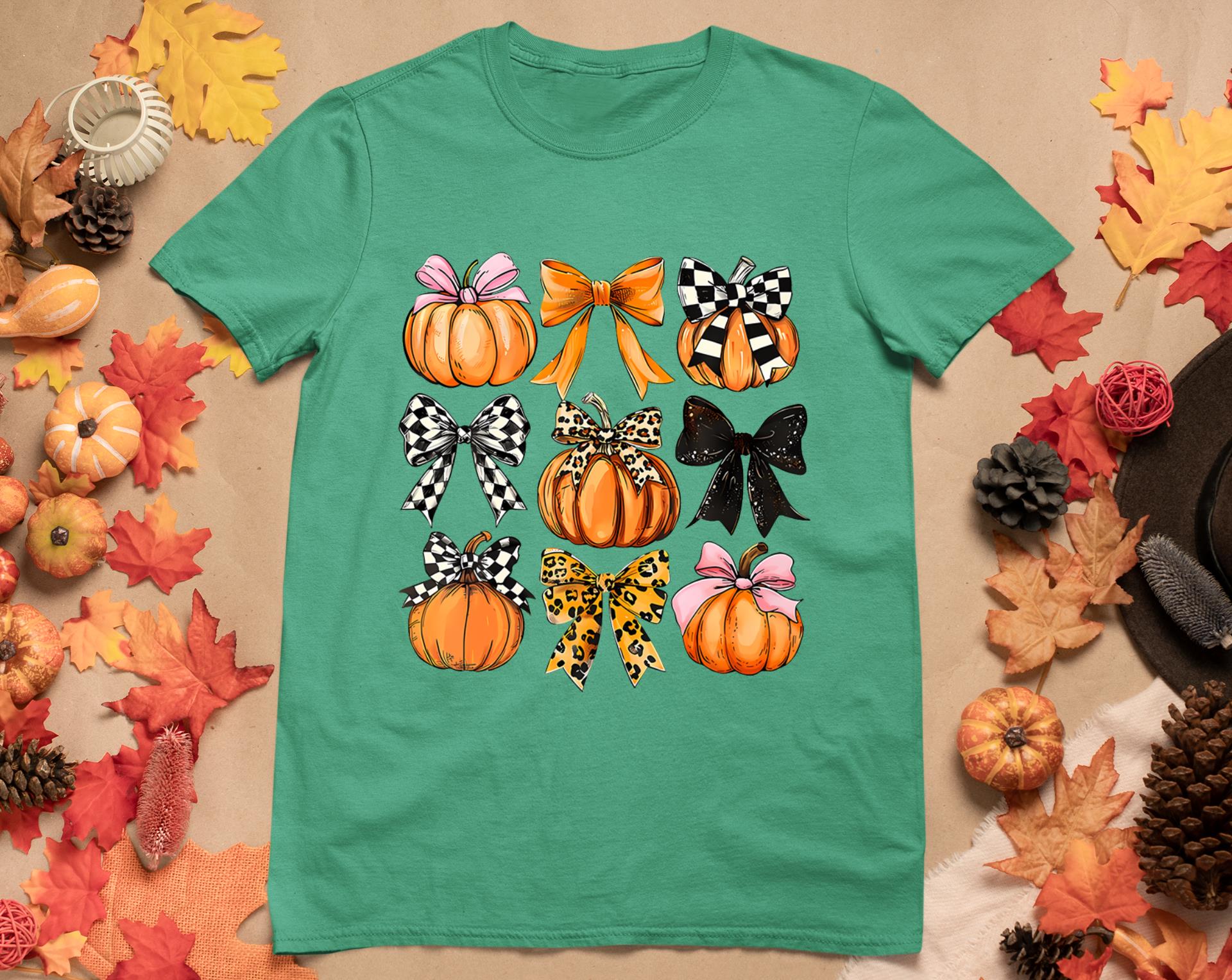 Cute Coquette Bows Pumpkin Season Halloween Autumn Fall T-Shirt