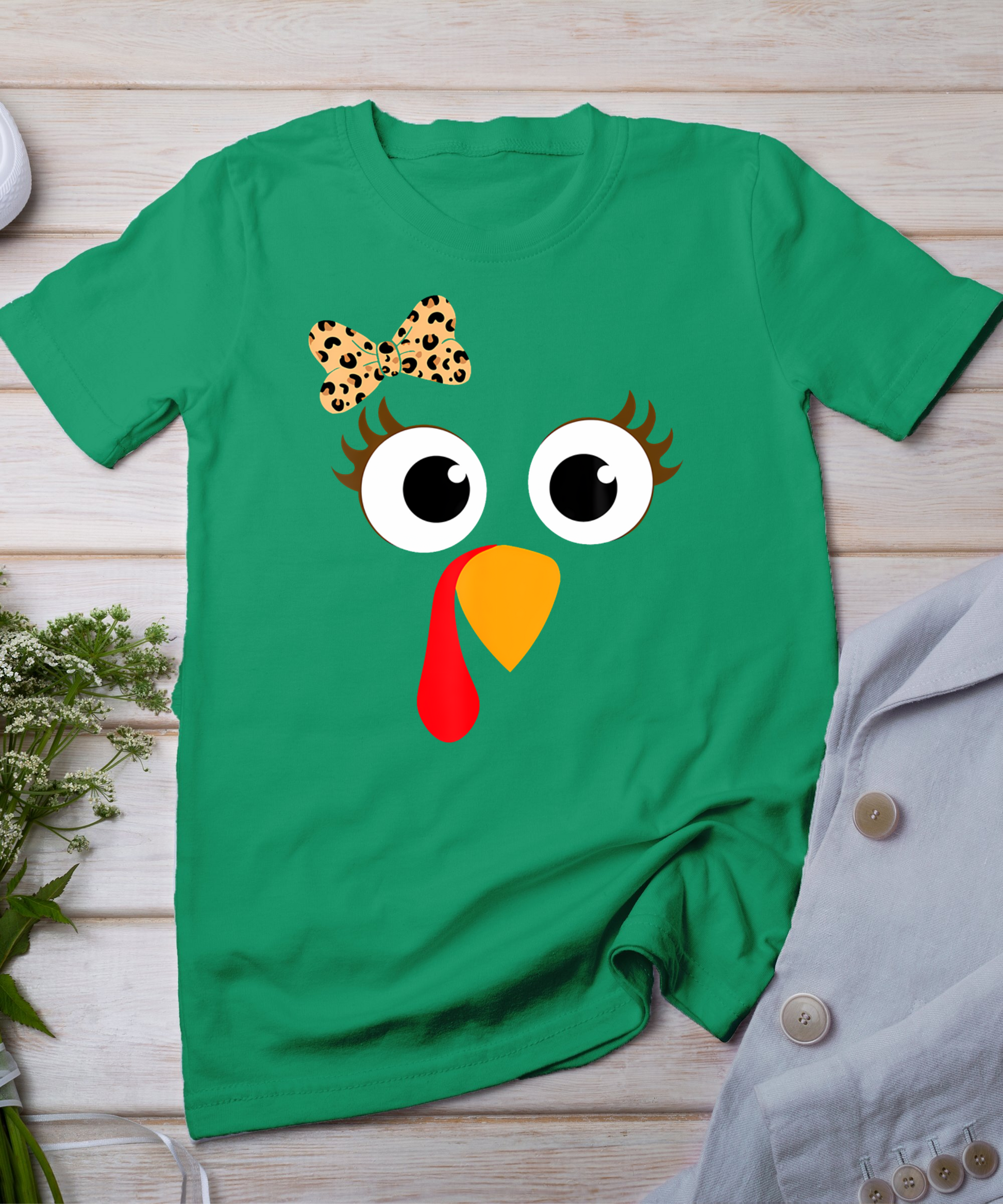 Turkey Face Girl Leopard Bow Thanksgiving Costume Turkey T-Shirt