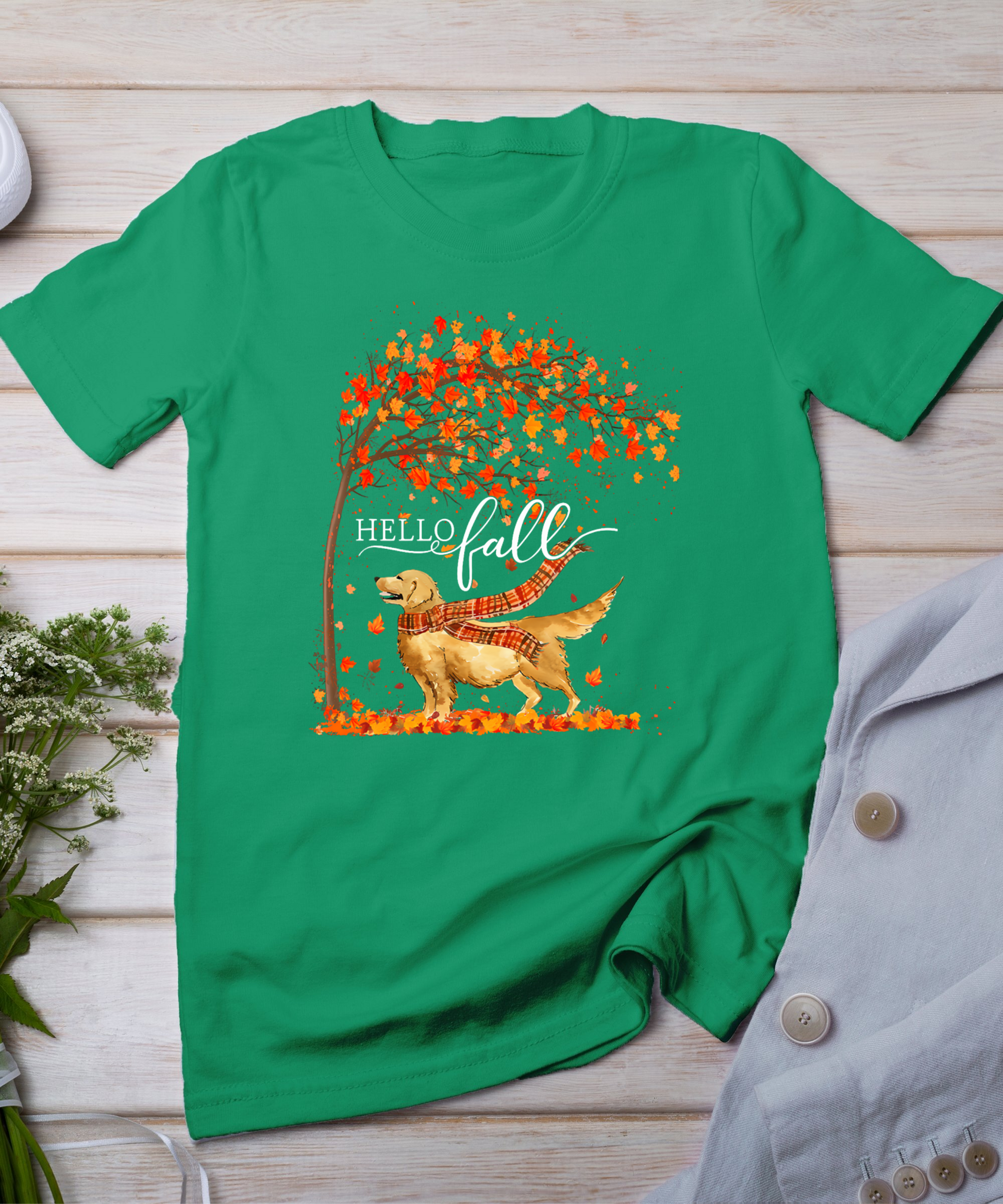 Hello Fall Tree Thanksgiving Dog Lover Golden Retriever T-Shirt