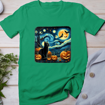 Van Gogh Starry Night Black Cat Halloween Pumpkin Cat Lover T-Shirt