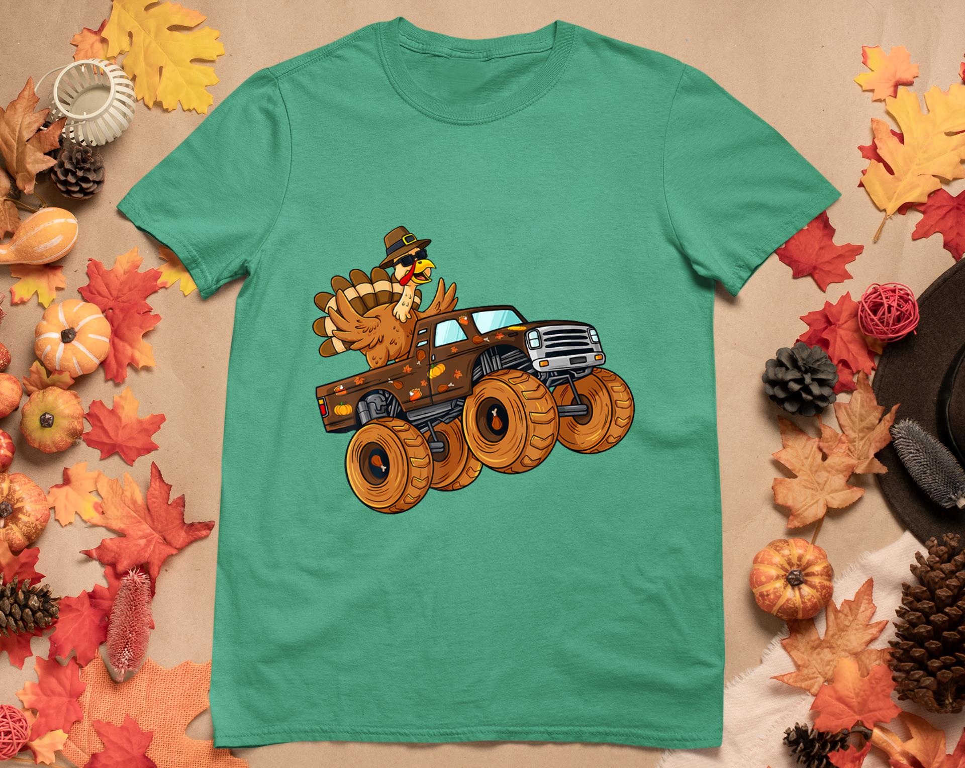 Thanksgiving Turkey Riding Monster Truck Boys Kids T-Shirt