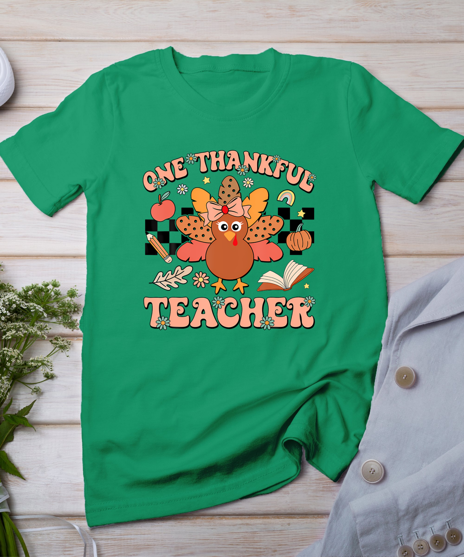 One Thankful Teacher Thanksgiving Retro Groovy Fall Teachers T-Shirt