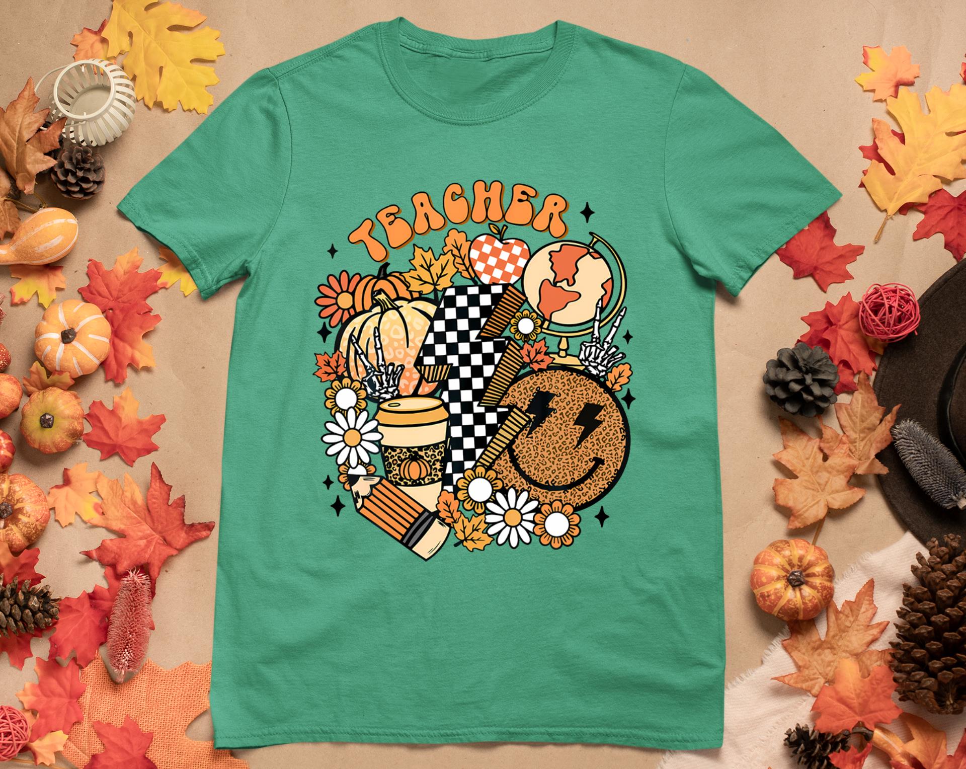 Fall Teacher Retro Teacher Life Autumn Thanksgiving Womens T-Shirt