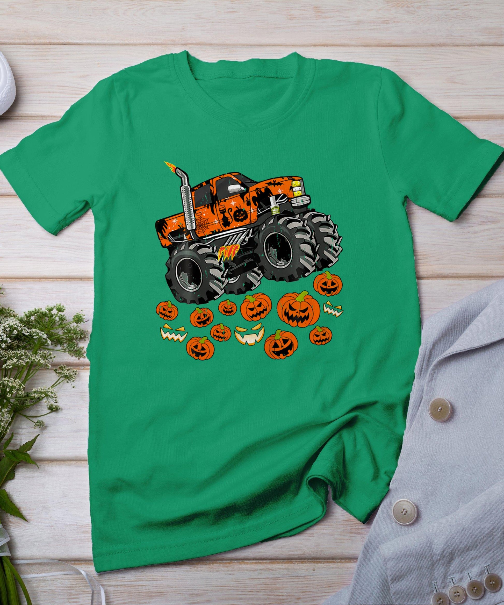 Kids Monster Truck Pumpkin Jack O Lantern Halloween Boy Toddler T-Shirt