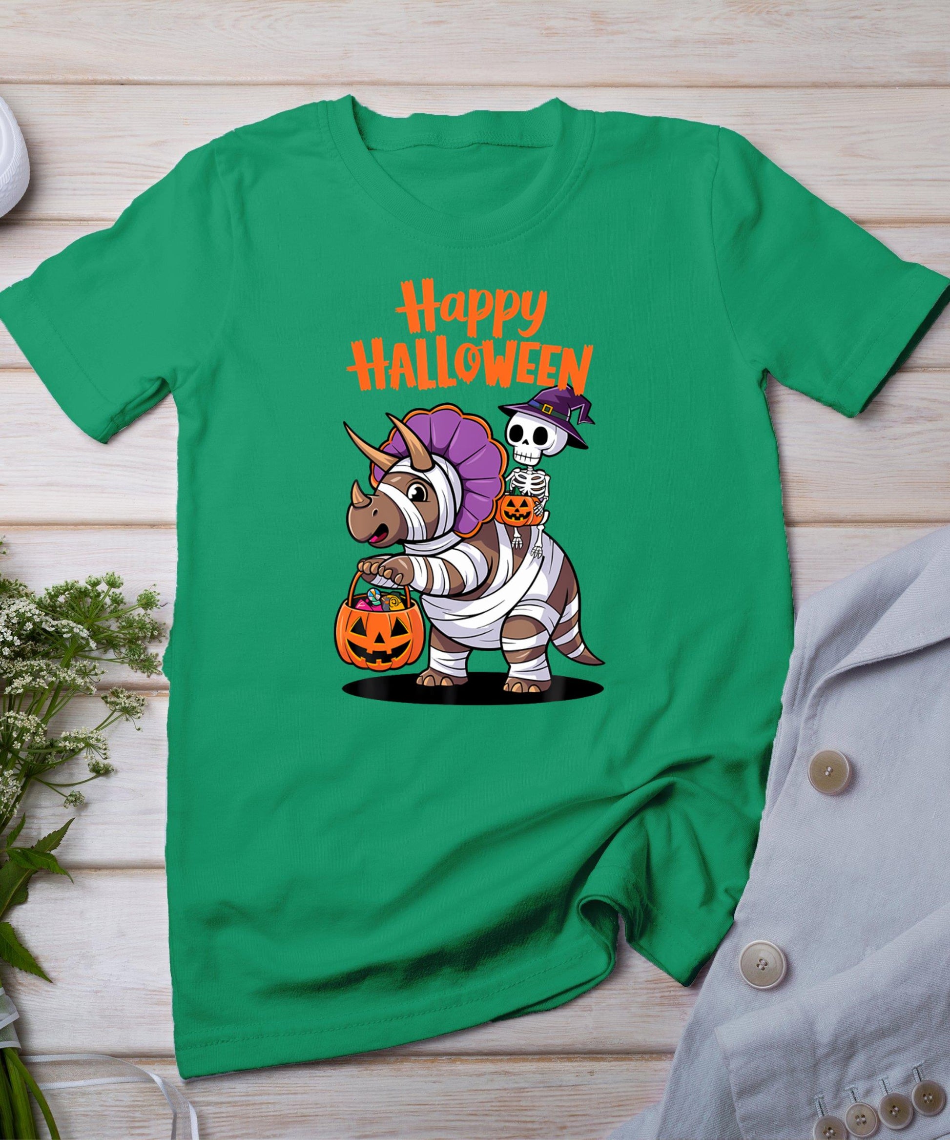 Cute Skeleton Riding Triceratops Happy Halloween Design T-Shirt