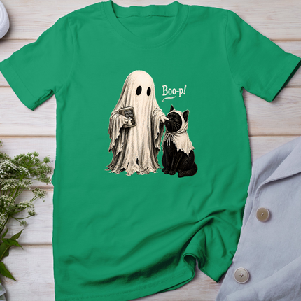 Vintage Halloween Spooky Ghost with Black Cat and Book T-Shirt