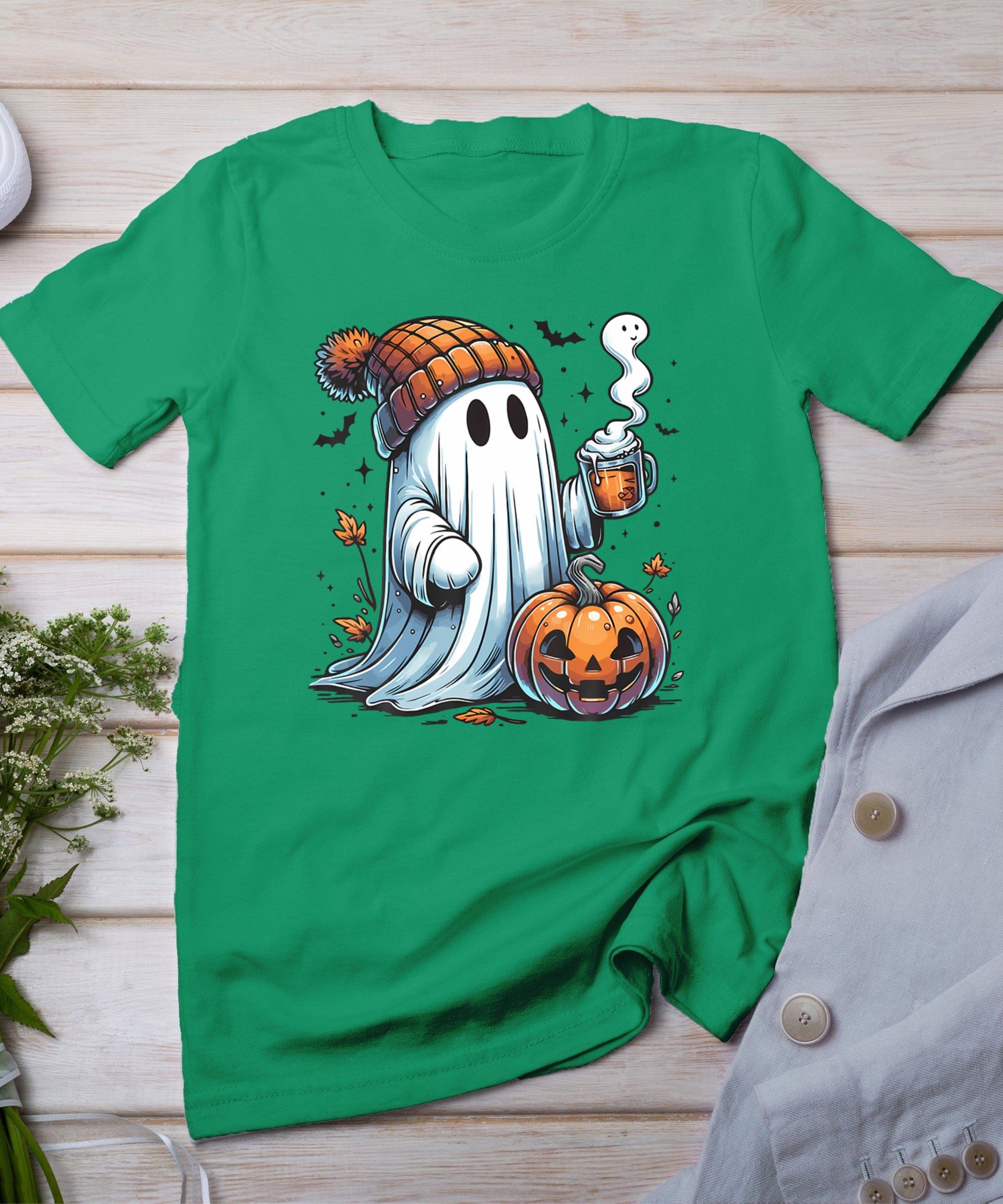 Cute Ghost Drinking Coffee Halloween Ghost Coffee Womens T-Shirt