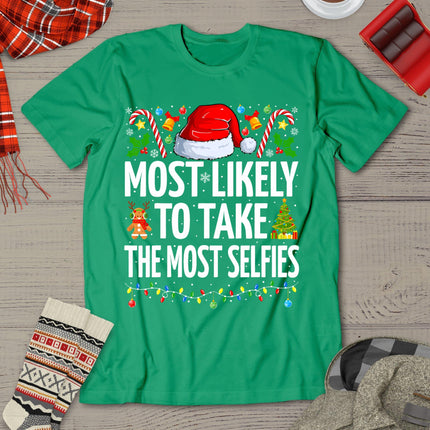 Most Likely To Take The Most Selfies Funny Family Christmas T-Shirt
