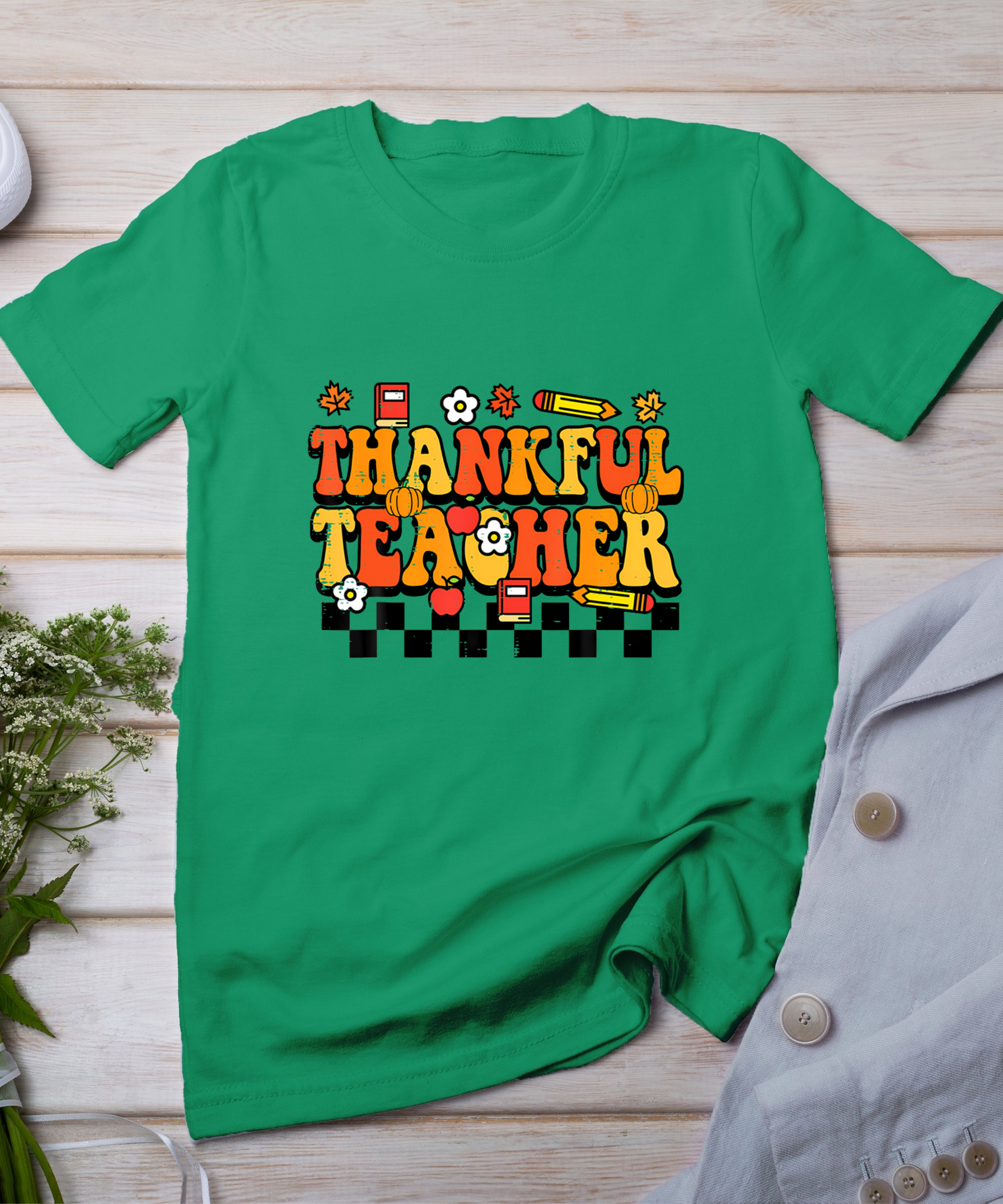 Thankful Teacher Retro Groovy Thanksgiving Fall Women Men T-Shirt