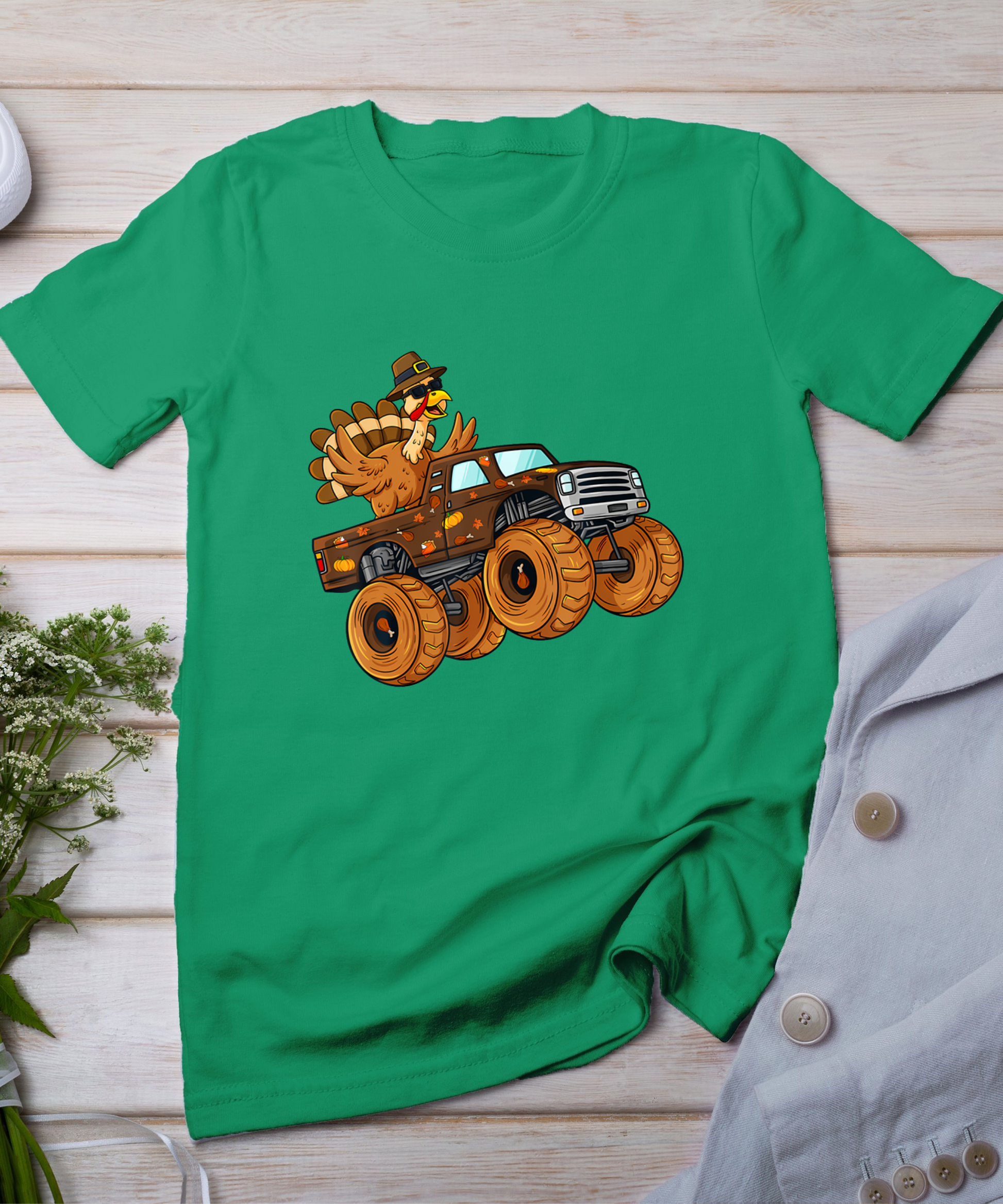 Thanksgiving Turkey Riding Monster Truck Boys Kids T-Shirt