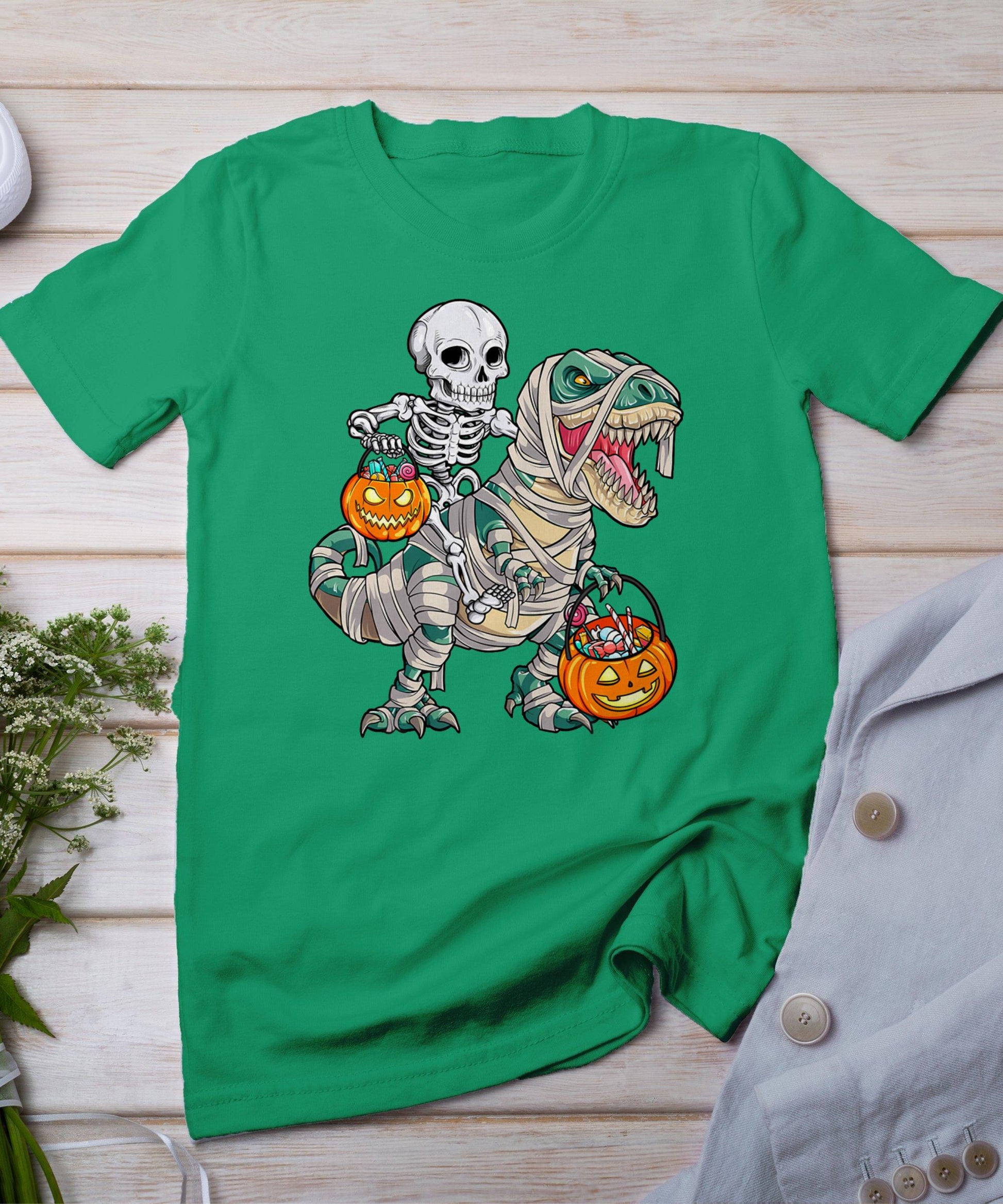 Skeleton Riding Mummy Dinosaur T Rex Halloween Funny Pumpkin T-Shirt