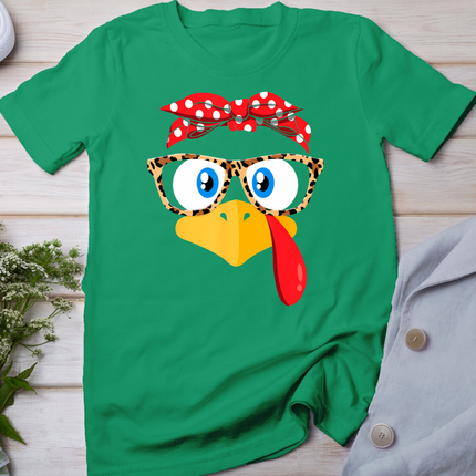 Thanksgiving Turkey Face Leopard Print Glasses Women Girls T-Shirt