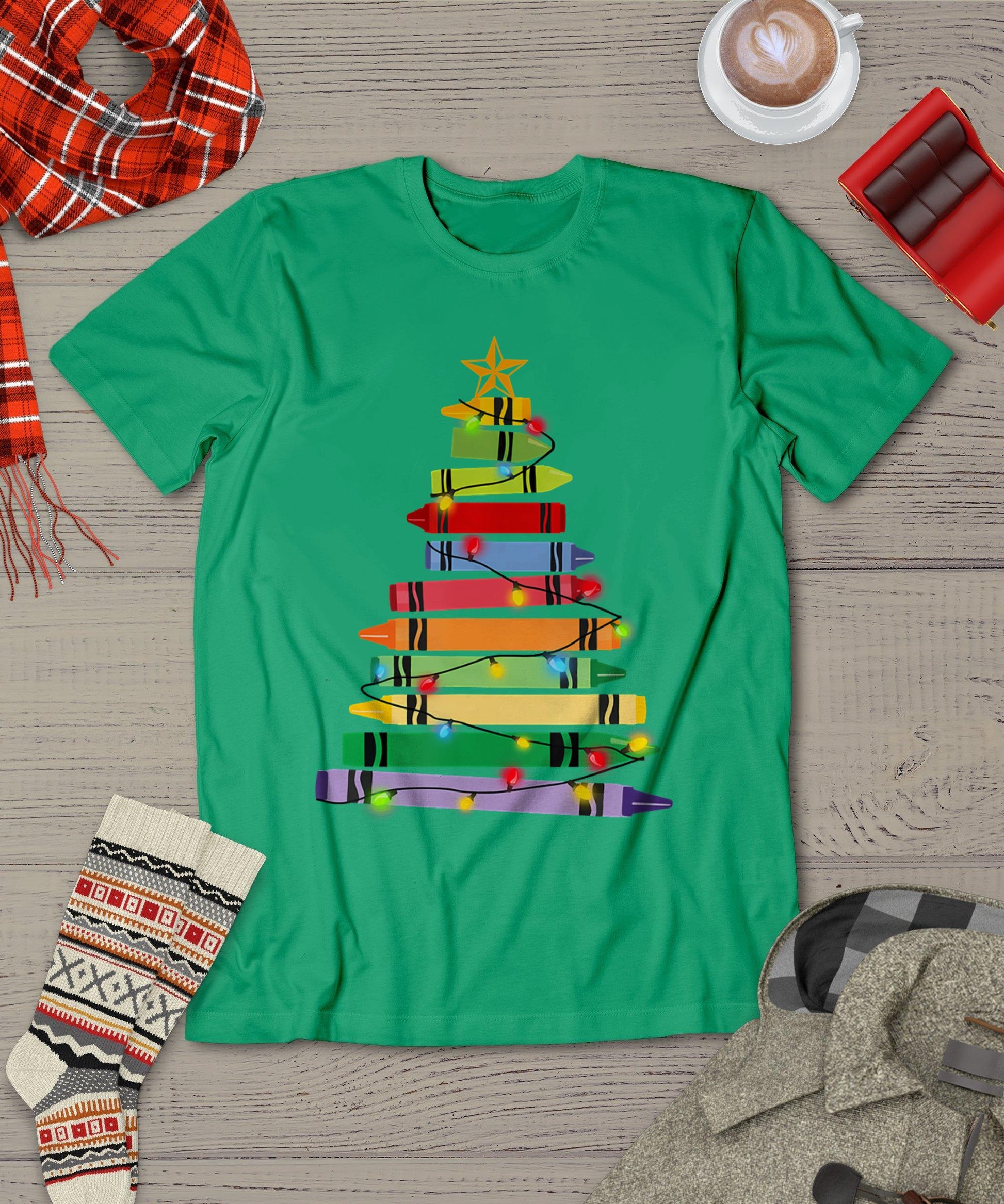 Teacher Christmas Tshirt Crayon Tree Light Gifts Student T-Shirt