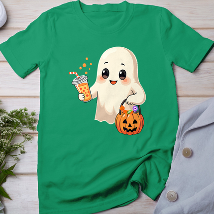 Cute Halloween Ghost With Candy Bucket And Boba Tea Kids T-Shirt