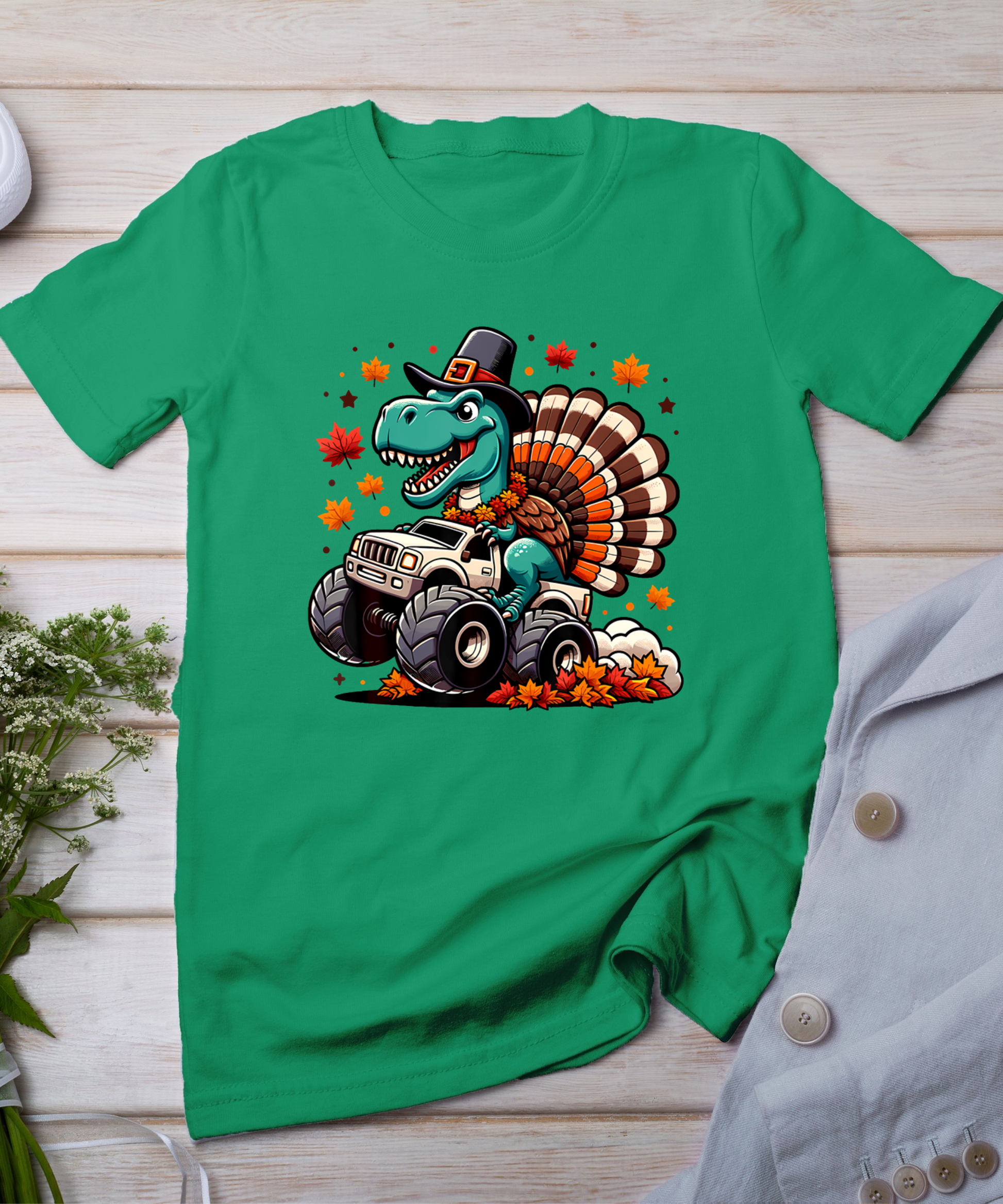 Thanksgiving Shirts Boys Kids Dinosaur T Rex Monster Truck T-Shirt