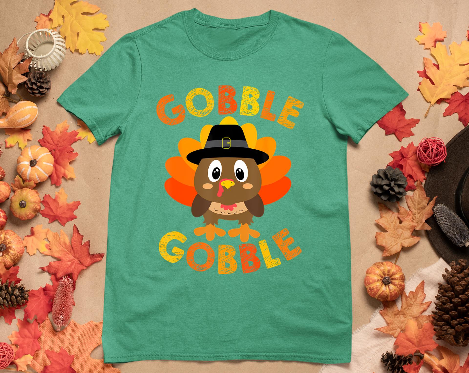 Cute Gobble Gobble Turkey Pilgrim Little Boys Thanksgiving T-Shirt