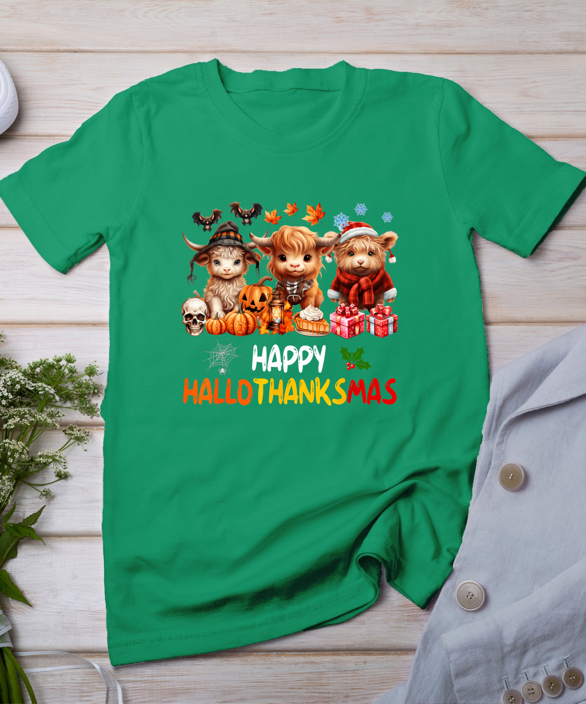 Happy Halloween Thanksgiving Christmas Highland Cow Holiday T-Shirt