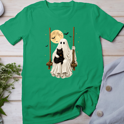 Ghost Holding Black Cat Retro Halloween Ghost Cozy Autumn T-Shirt