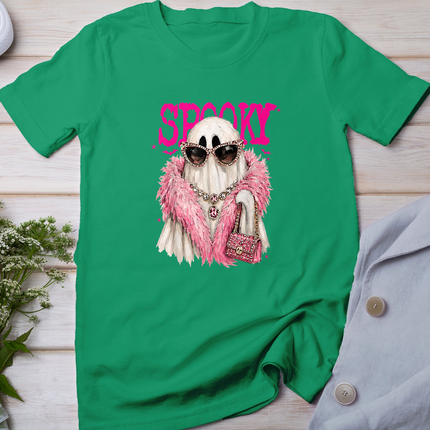 Spooky Ghost Fashion Pink Fur Glam Halloween Graphic Women T-Shirt