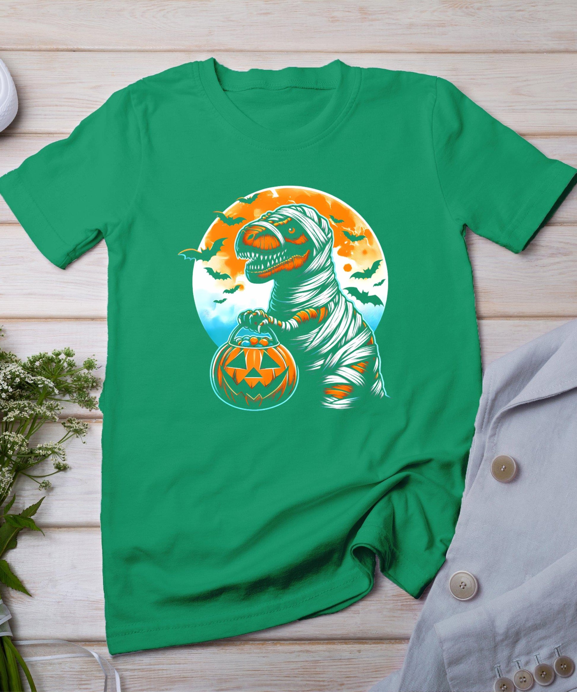 T Rex Dinosaur Mummy Pumpkin Bats Funny Retro Halloween Men T-Shirt