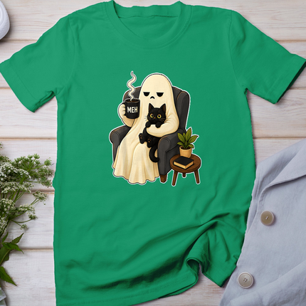 Meh Grumpy Ghost Holding Coffee Mug and Black Cat Halloween T-Shirt