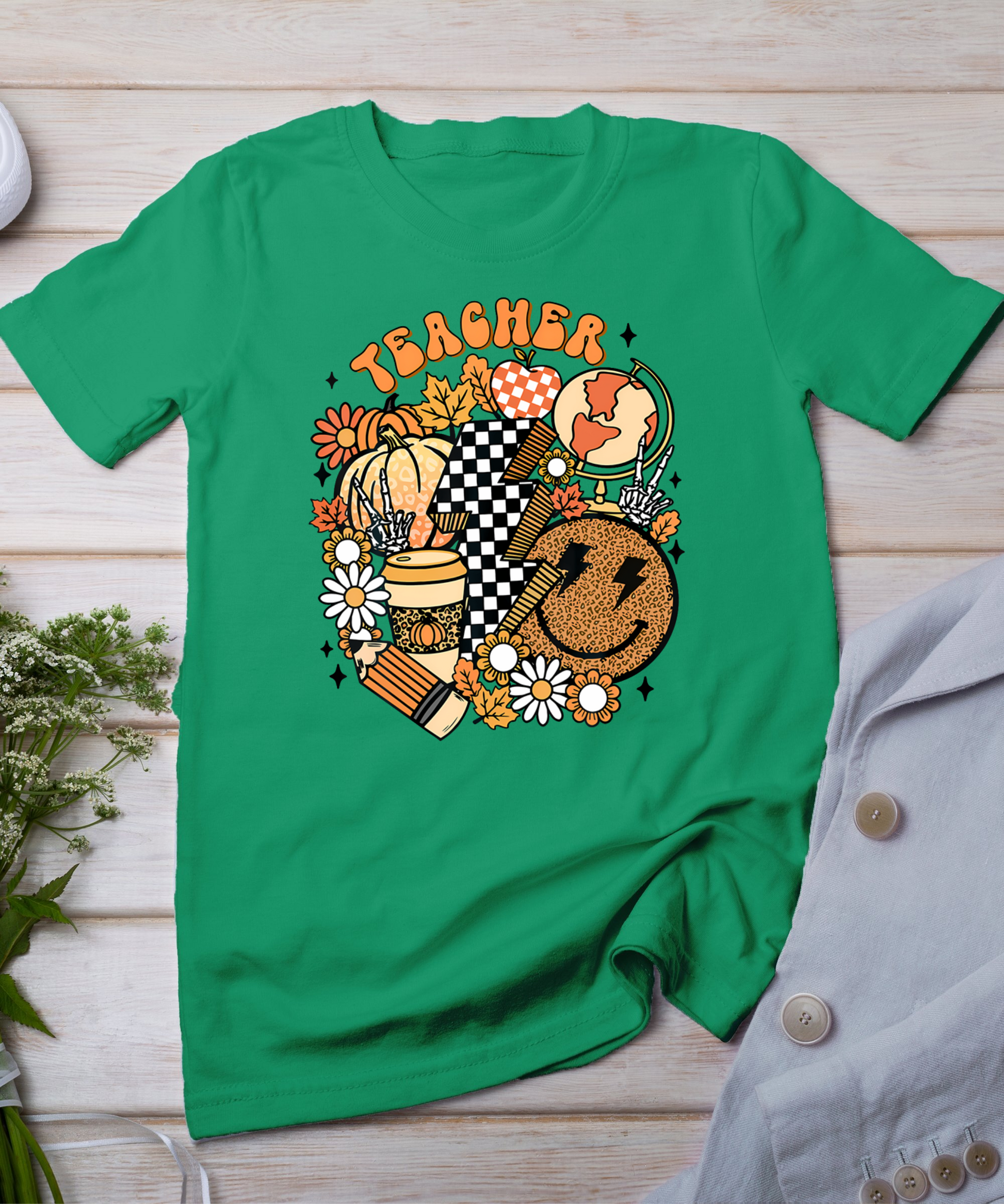 Fall Teacher Retro Teacher Life Autumn Thanksgiving Womens T-Shirt