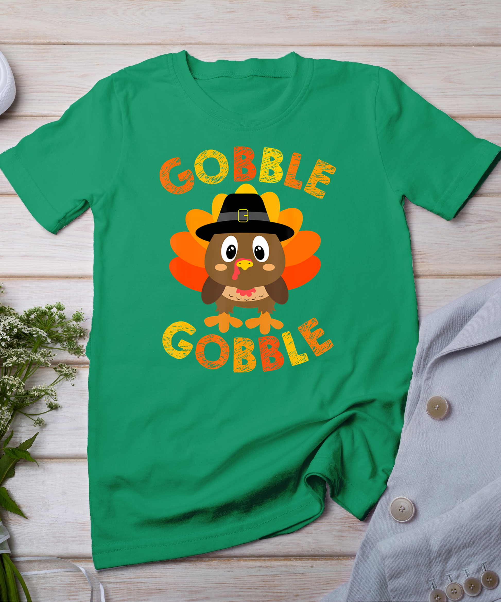 Cute Gobble Gobble Turkey Pilgrim Little Boys Thanksgiving T-Shirt