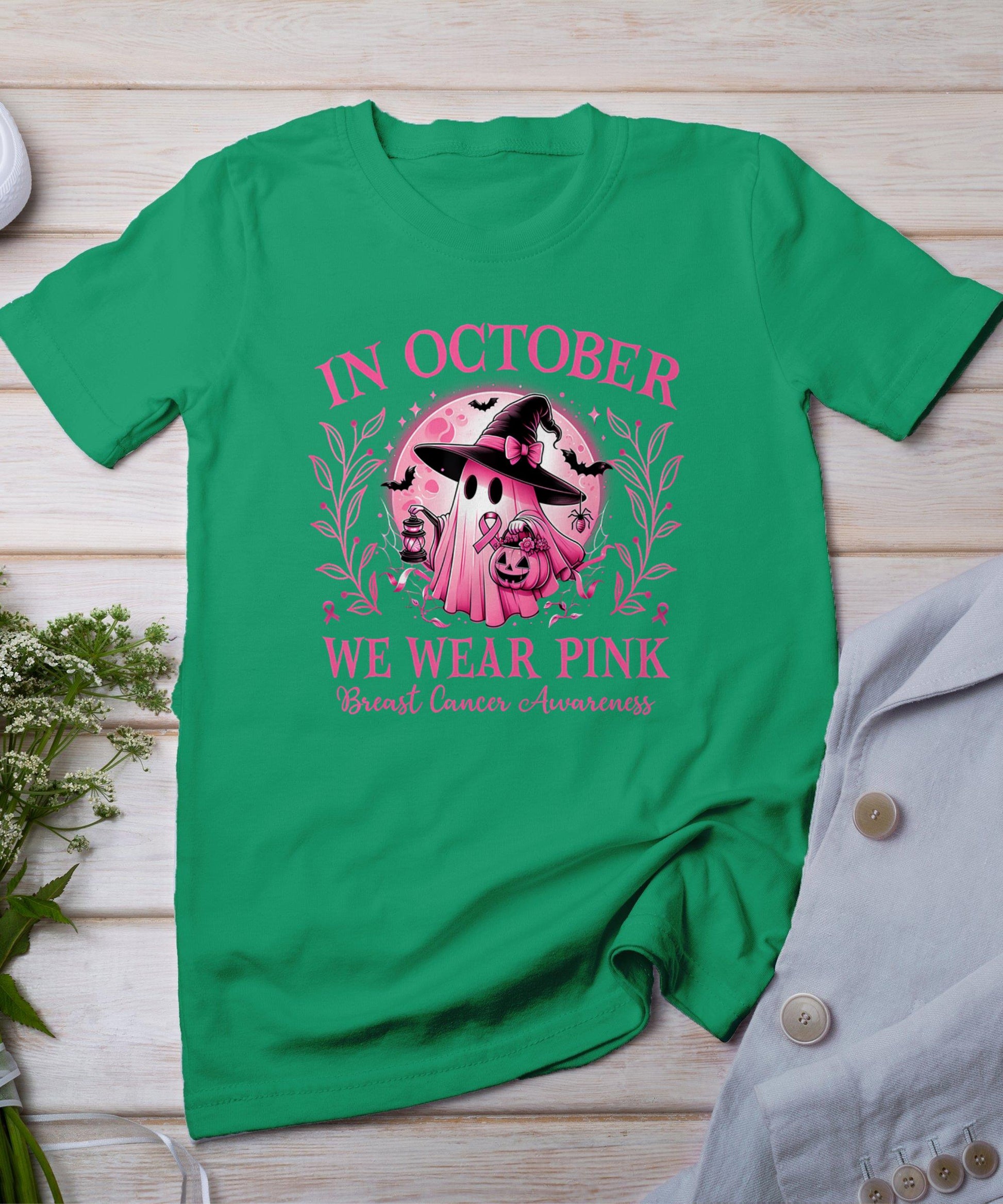 October We Wear Pink Breast Cancer Awareness Halloween Ghost T-Shirt