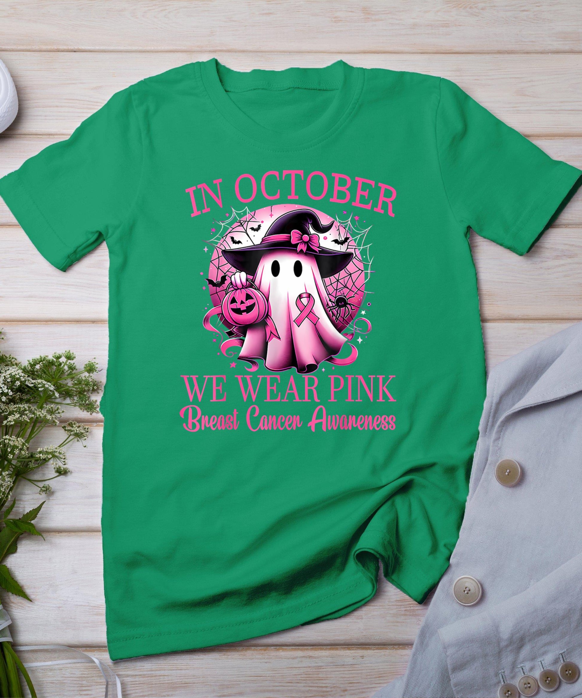 In October We Wear Pink Ghost Witch Breast Cancer Awareness T-Shirt