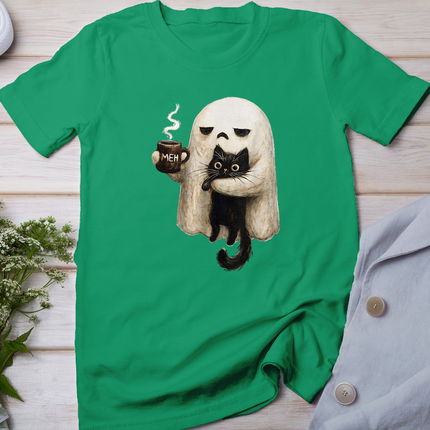 Retro Funny Boo JEE Ghost Holding Black Cat Cozy Hot Latte T-Shirt