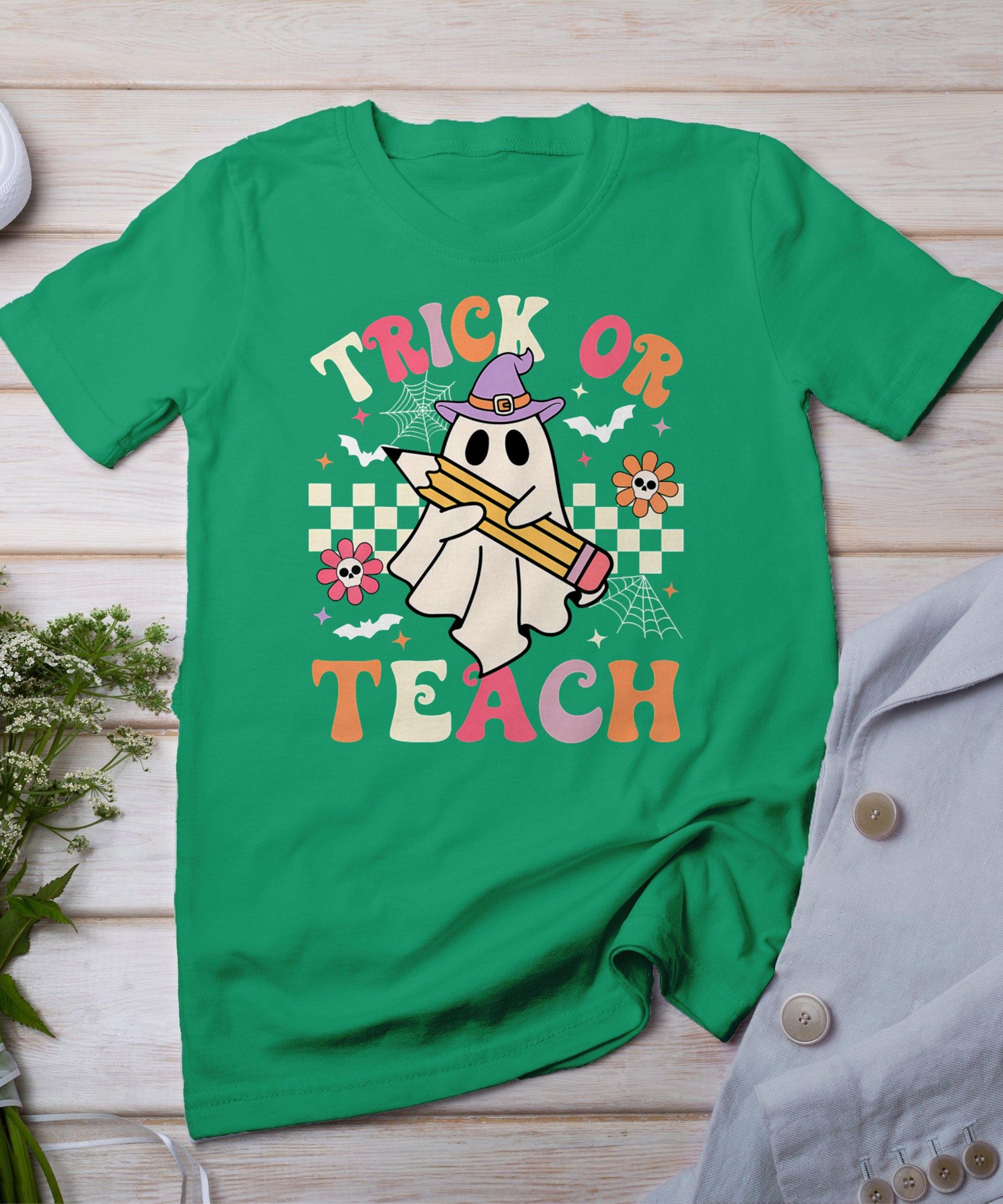 Trick Or Teach Groovy Teacher Halloween Retro Floral Ghost T-Shirt