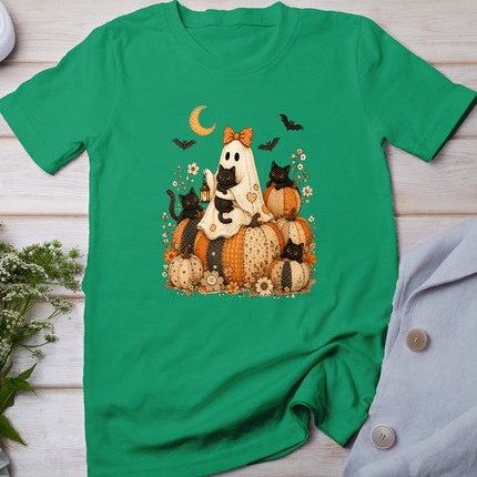 Cute Halloween Ghost Black Cat Pumpkin Patchwork Cat Mom T-Shirt