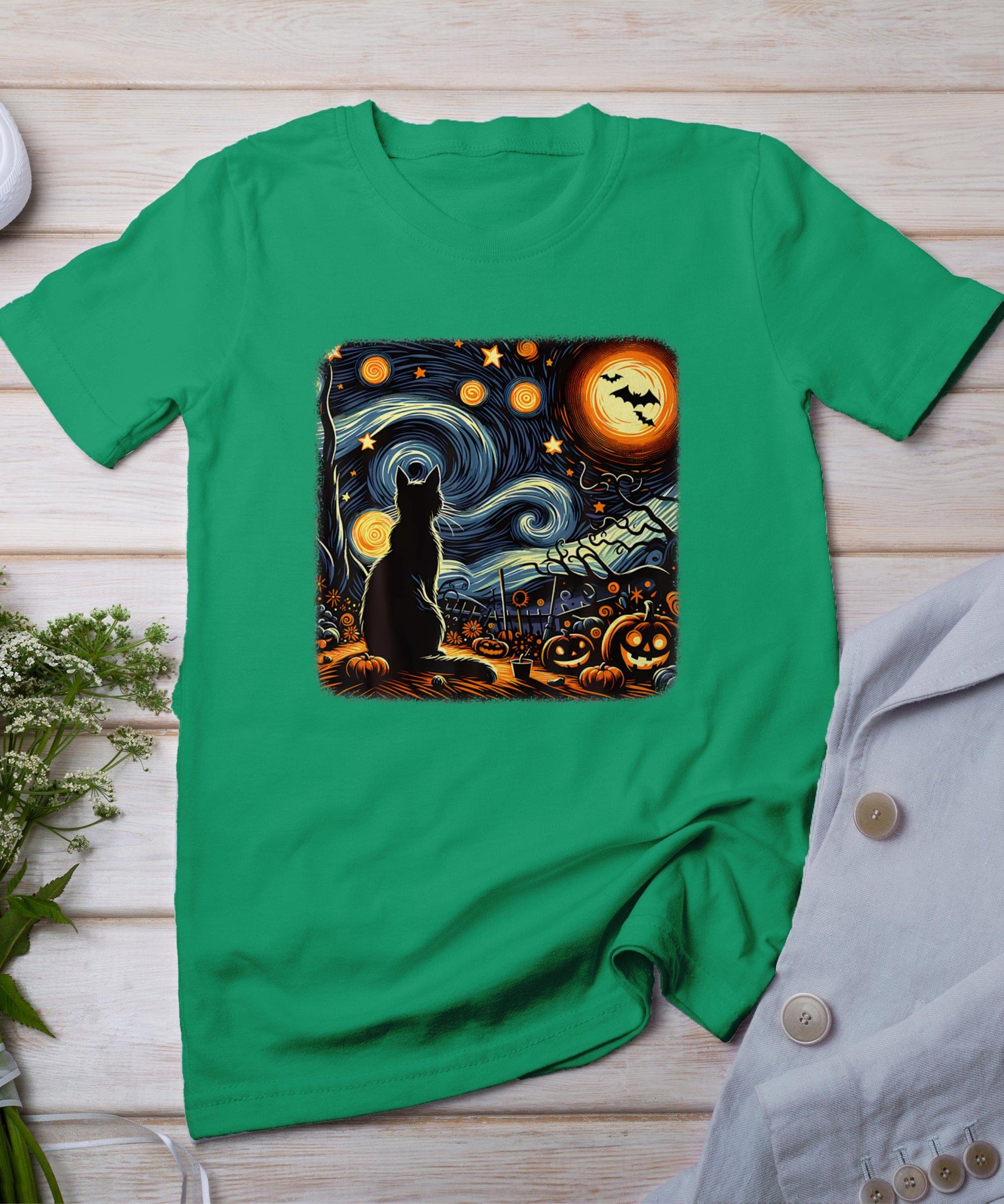 Halloween Van Gogh Starry Night Black Cat Pumpkins Bats T-Shirt