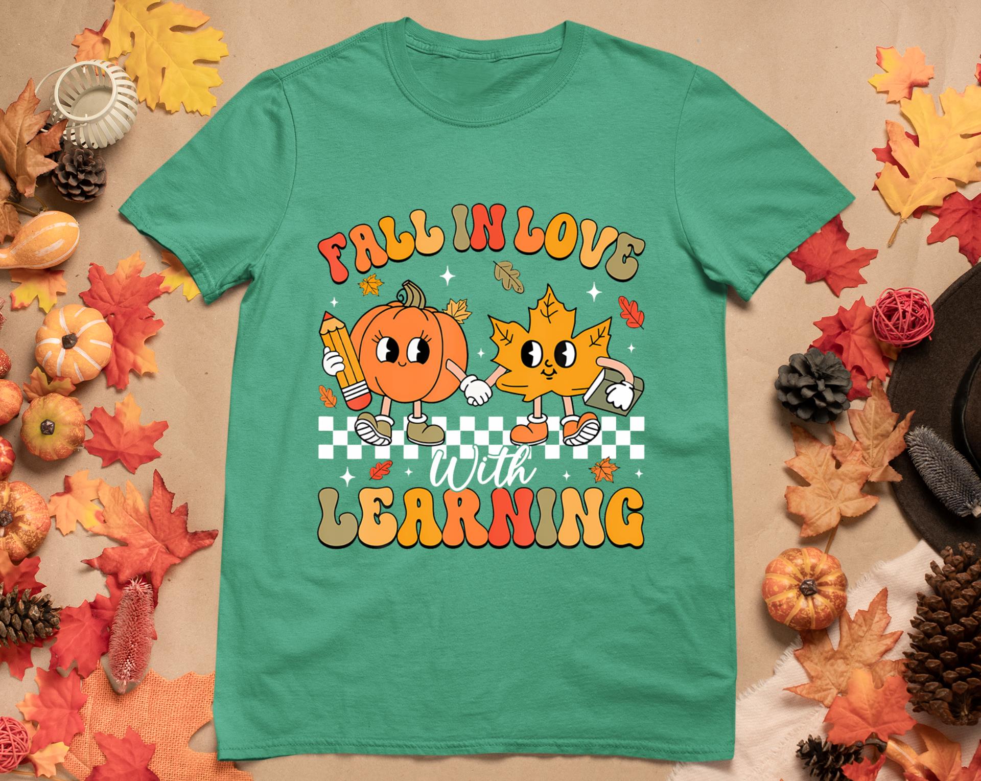 Retro Fall In Love With Learning Autumn Pumpkin Teacher T-Shirt