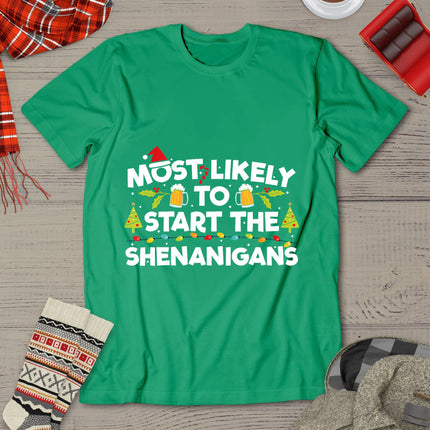 Most Likely To Start The Shenanigans Funny Family Christmas T-Shirt