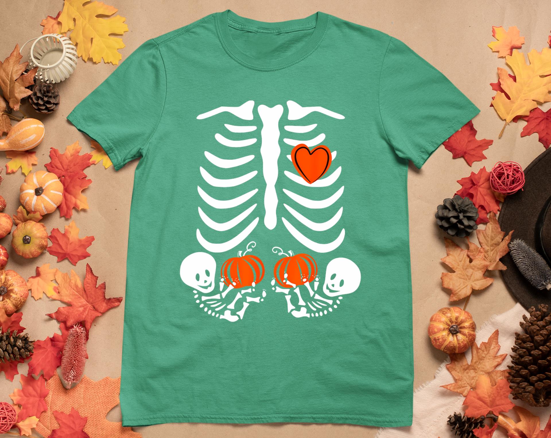 Skeleton Twin Pregnancy Announcement Halloween Pregnant Mom T-Shirt