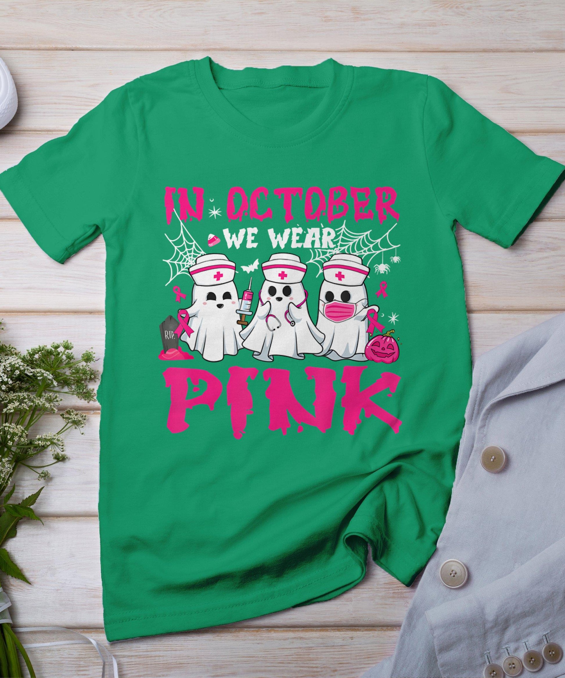 In October We Wear Pink Nurse Ghost Halloween Breast Cancer T-Shirt