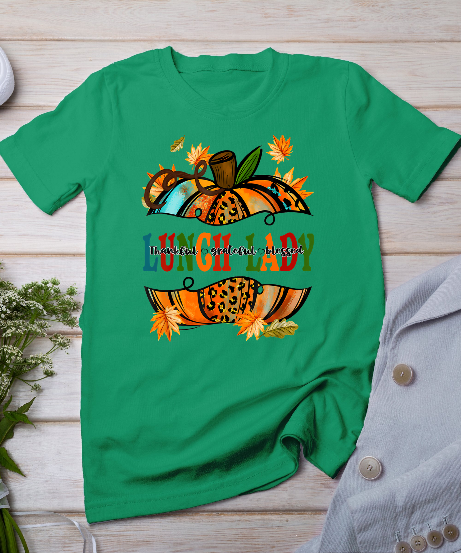 Leopard Pumpkin Fall Autumn Thanksgiving Lunch Lady Women T-Shirt