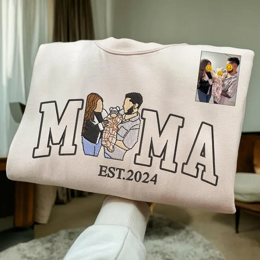 Embroidered Personalized Mama Portrait From Photo T-Shirt, Mothers Day Gift, Birthday Gift for Mom