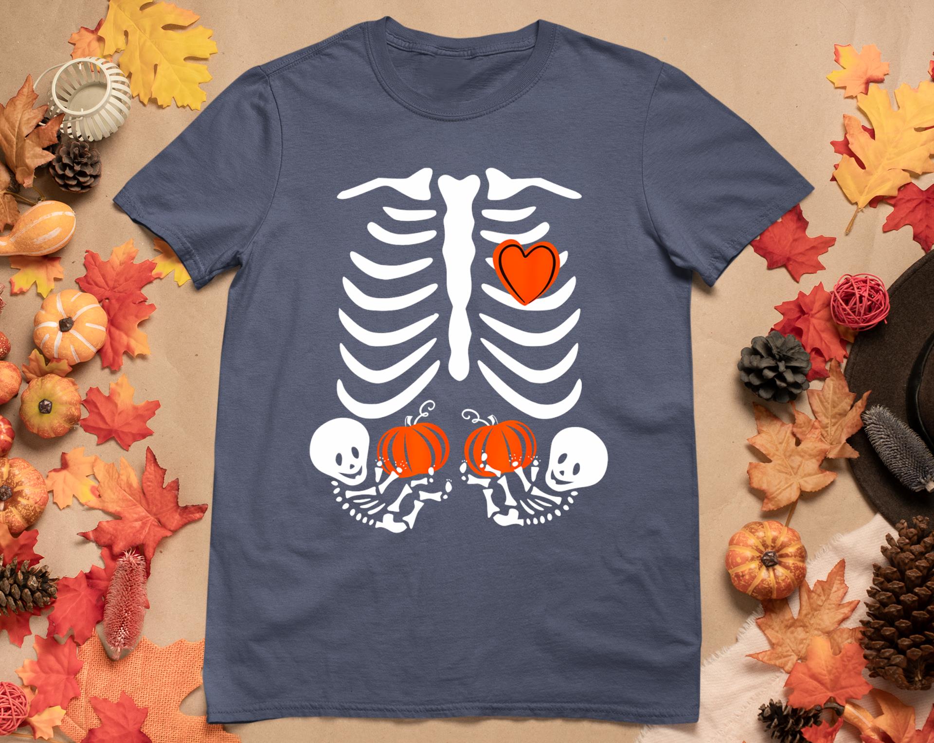 Skeleton Twin Pregnancy Announcement Halloween Pregnant Mom T-Shirt