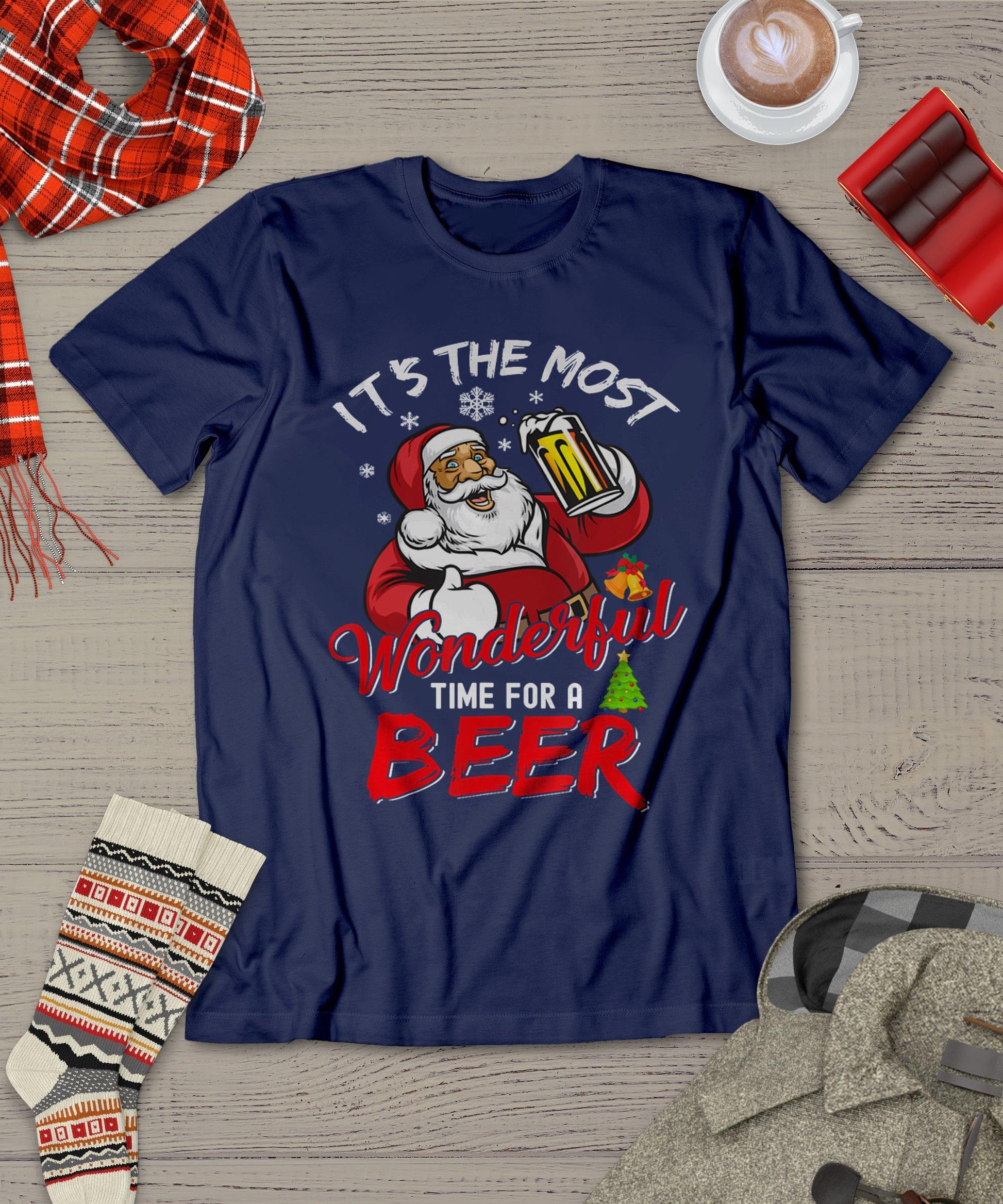 Funny Christmas Santa Claus Drinking Beer Wonderful Time T-Shirt