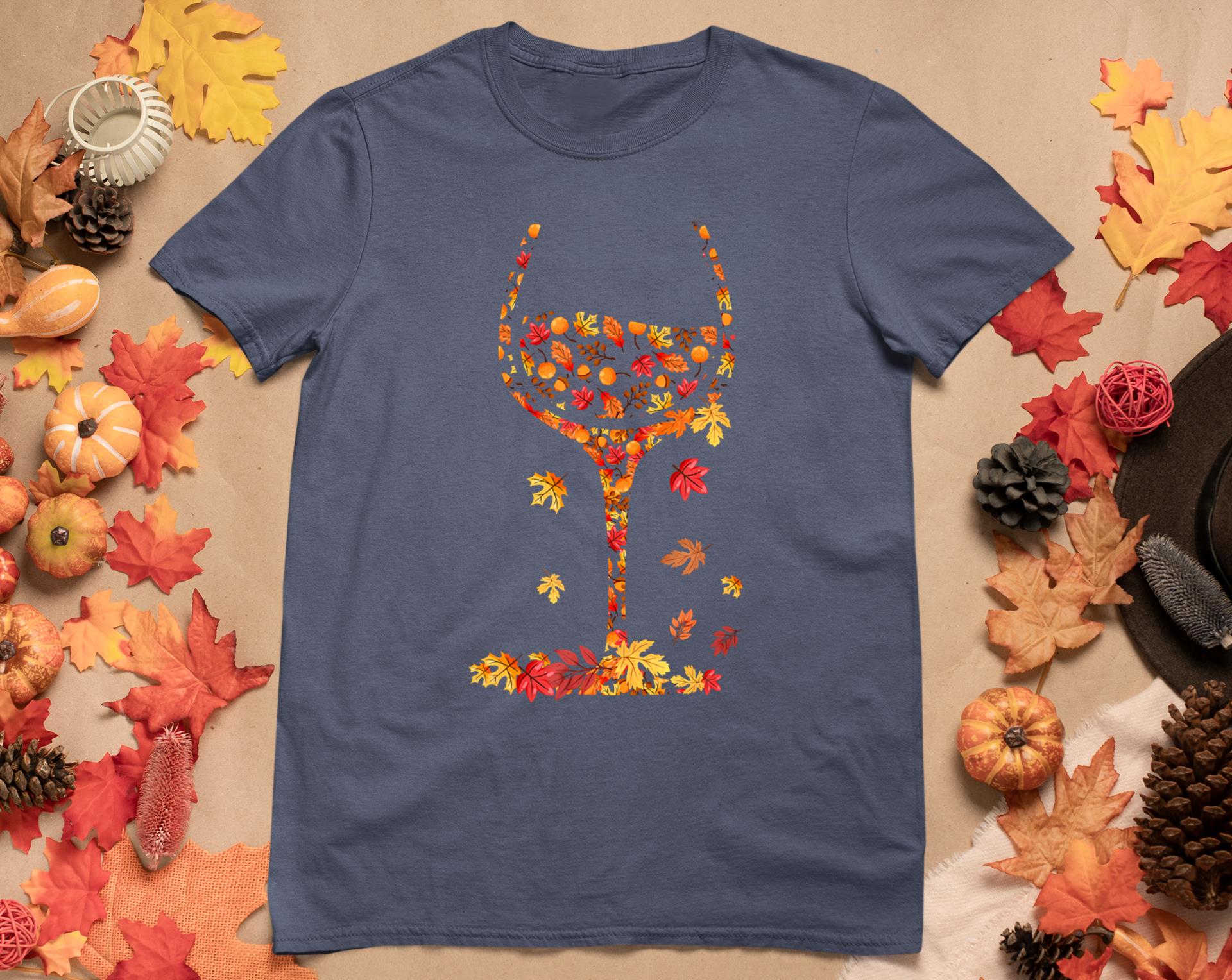 Glass Of Wine Maple Leaf Autumn Fall Funny Drink Wine Lovers T-Shirt